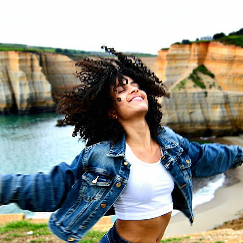Craft a photographic portrait capturing a female model with dark, curly hair dancing in the wind, wearing a cropped denim jacket over a white tank top. She is framed from the head to waist, positioned slightly off-center according to the rule of thirds, embodying a candid and harmonious expression of joy. Her eyes, half-closed and focused as the central point of emotion, gleam with happiness under the soft, diffused natural light of a cloudy sky. The background reveals the rugged beauty of coastal cliffs, contributing to the serene mood. The composition should emphasize a shallow depth of field to softly blur the cliffs while keeping the model in sharp focus, highlighting textures such as the dynamic motion of her hair and the fabric of her clothes. Utilize soft and neutral color tones to enhance the image's natural and tranquil atmosphere, ensuring the wind's movement is visibly interacting with her hair and jacket, adding a sense of dynamic motion and life to the scene. Aim for a natural editing style that retains the realistic textures and details of the model's features, especially around the eyes and hair.
