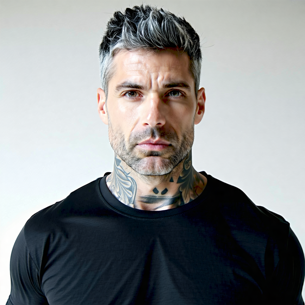 Create a photographic image capturing a handsome man in his early 30s, exuding calm confidence. His short grey-brown hair, complemented by light stubble, is styled perfectly, enhancing his modern, stylish aura. He dons a fitted black t-shirt that subtly showcases a stylish neck tattoo, peering just above the collar, inviting a glance at its intricate detail. The portrait, framed from head to waist and centered, adopts a fashion editorial approach, reminiscent of a Vogue-style presentation. Employ soft Rembrandt lighting to cast a natural, cinematic glow on his features, accentuating the tattoo's detail and his skin's natural texture. The background shall be a neutral, softly blurred gradient, ensuring attention remains undivided from the subject. Composition adheres to the Rule of Thirds, with a shallow depth of field emphasizing selective focus on the tattoo, while high-key lighting and a film grain overlay contribute to a modern editorial look with high contrast and a touch of cinematic mood. The overall image, characterized by sharp focus, high resolution, and a professional photography finish, should convey a sense of modern elegance and subtle charm.