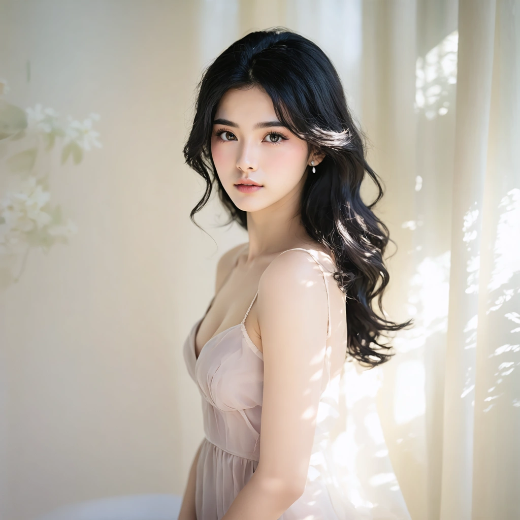 Craft a photographic portrait that exudes an ethereal serenity. Capture a serene female model with long, wavy black hair parted in the middle, embodying a gentle and soft expression. She should be wearing a sheer pastel dress, complemented by natural makeup that highlights her glowing skin, her eyes softly gazing slightly off-camera. The lighting should be soft and natural, reminiscent of Rembrandt's approach, illuminating her from a centered composition. The photograph should be taken from a profile shot, showcasing her from head to waist. Employ a shallow depth of field to create a dreamy, slightly blurred background filled with warm daylight tones. Enhance the image with subtle hair movement, delicate earrings, and a flowy chiffon fabric that adds texture. Color grade the image in soft pastel tones, with a focus on soft skin smoothing for a subtle retouch. Add a soft focus overlay in post-processing for that ethereal, fashion editorial look. The overall mood is warm, inviting, and dreamy, set against a backdrop of soft blurred pastels.