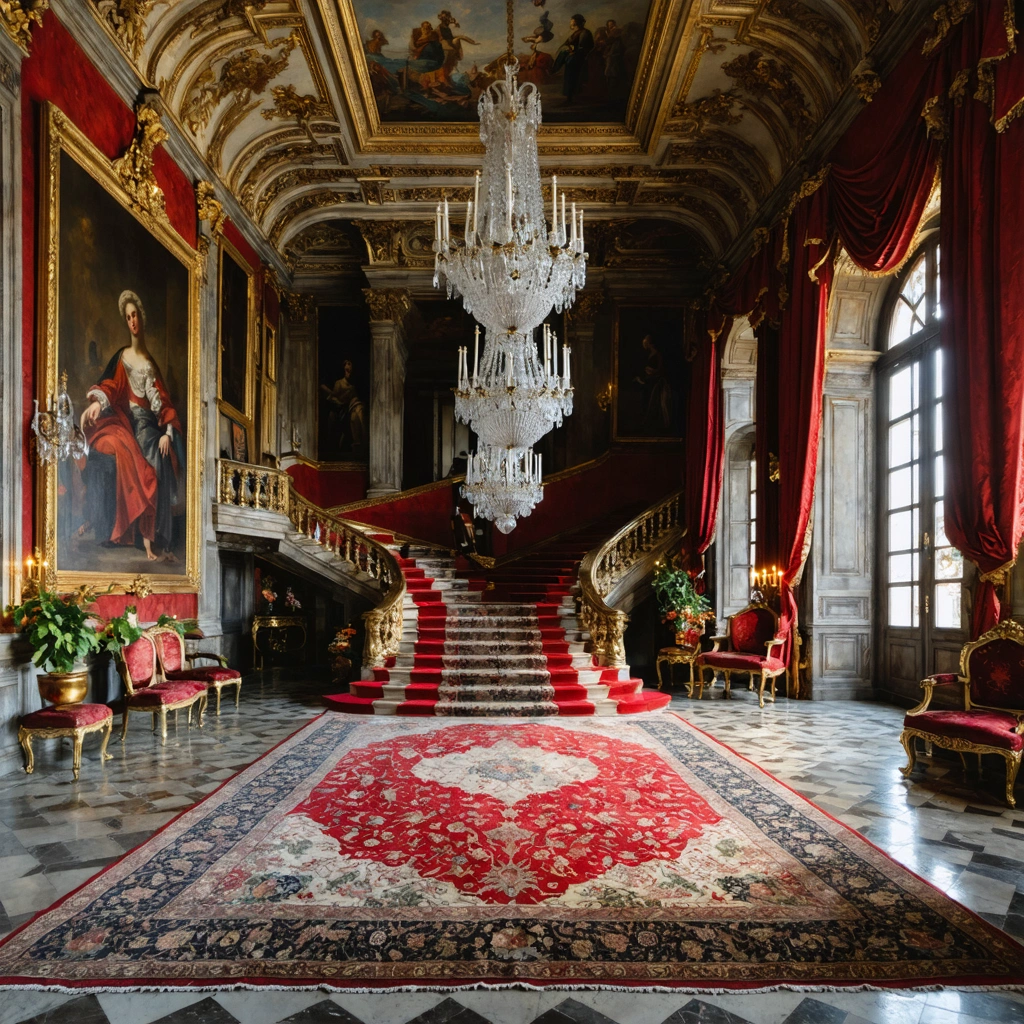 Craft a photographic image capturing the essence of timeless Italian grandeur within a luxurious grand room of an Italian palazzo. From a wide-angle, low angle perspective, the scene unfolds with soft natural daylight illuminating the space, highlighting the rich textures of massive framed oil paintings adorning the walls, showcasing dramatic Italian Renaissance and Baroque masterpieces. The deep reds and golds of a richly patterned Persian-style carpet stretch across the polished marble floor, complementing the ornate gold-trimmed ceilings overhead. From these ceilings hang two colossal crystal chandeliers, their reflections dancing across the room, adding to the opulent lighting. Carved columns rise majestically, framing antique furniture with velvet upholstery and gilded mirrors, encapsulating the atmosphere of timeless elegance. The composition includes a silhouetted figure by an arched window, adding a human element that contrasts with the dramatic shadows cast across the room, emphasizing the contrast of light and shadow. The camera's shallow depth of field focuses on the intricate details — a close-up of the oil paintings' texture, the carved patterns on the columns, and the plush velvet, creating a scene that is both a feast for the eyes and a testament to classical European architecture and luxury decor.