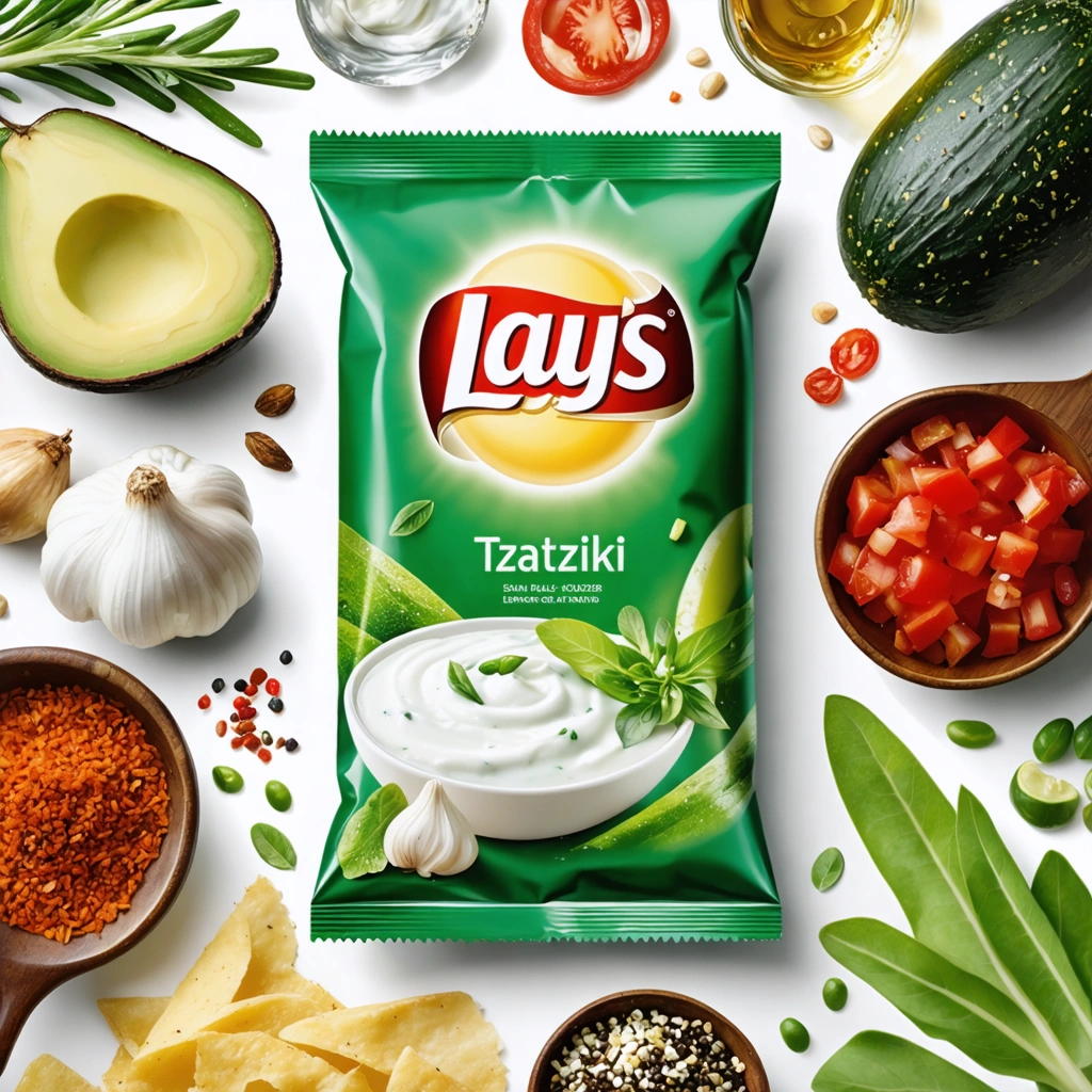 "Design an enthralling image featuring a Lays Tzatziki package as the central piece, beautifully nestled amidst a dynamic medley of its signature ingredients. Throw a deep, well-defined light on the scene to underscore the natural colors and enticing contours, while amplifying the stylish aspects of the packet design. Captivate the viewer's attention by capturing an intimate close-up that makes the brand's logo jump off the image. Utilize the 'Rule of Thirds' principle for image layout, with a limited depth of field that introduces a subtle blur in the background to add depth and perspective, veering away from the conventional flat lay approach."