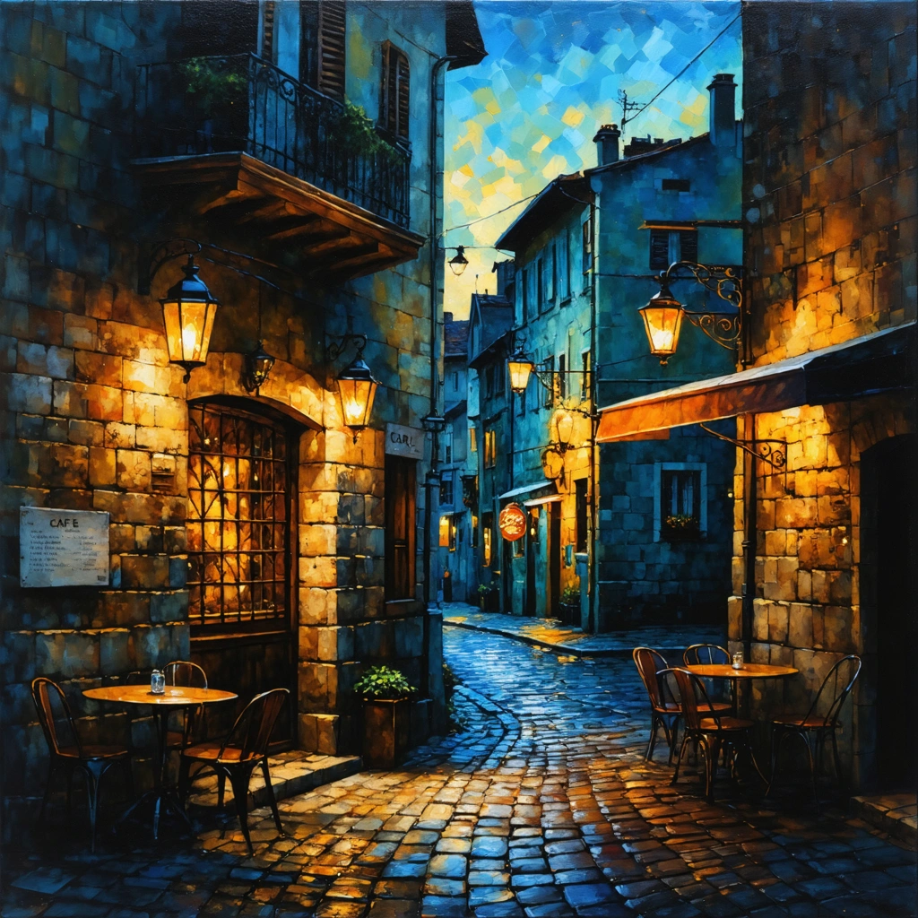 Textured oil painting of an old European street at dusk, glowing lanterns along stone walls, café signs, cobblestone road, warm amber light, deep shadows, heavy impasto texture, cinematic fine-art travel illustration