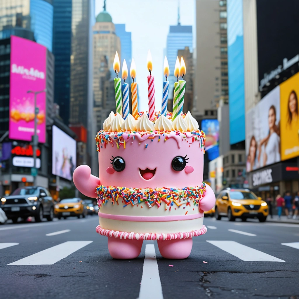 Envision a concept art piece that bursts with whimsy and surrealism, set against a futuristic cityscape. At the heart of this vibrant scene is an anthropomorphic birthday cake, exuding confidence as it strolls along a bustling city road. This cake isn't just any dessert; it's a character brought to life with big, expressive eyes, a cute button nose, and bold red lips curved into a mischievous smile. Its body is frosted in pastel pink, adorned with rainbow sprinkles and topped with lit candles that mimic a funky, playful hairstyle. With one hand casually waving to the viewer and the other clutching a tiny, stylish handbag, this cake personifies comical glamour. The towering skyscrapers in the background, aglow with neon lights, enhance the futuristic vibe, while the bright blue sky adds a contrast that makes the colors pop. Dynamic sunset lighting bathes the scene, highlighting the cake's whimsical features and the city's sleek architecture. Tiny details like a surprised onlooker and talking animals add layers of depth and interaction, creating a playful, engaging atmosphere. The composition balances exaggerated proportions and surreal elements with cinematic flair, incorporating blurry motion effects to suggest movement and a lively, atmospheric mood. The overall effect is a playful, surreal tableau that captures the imagination and invites the viewer into a whimsical, futuristic world.