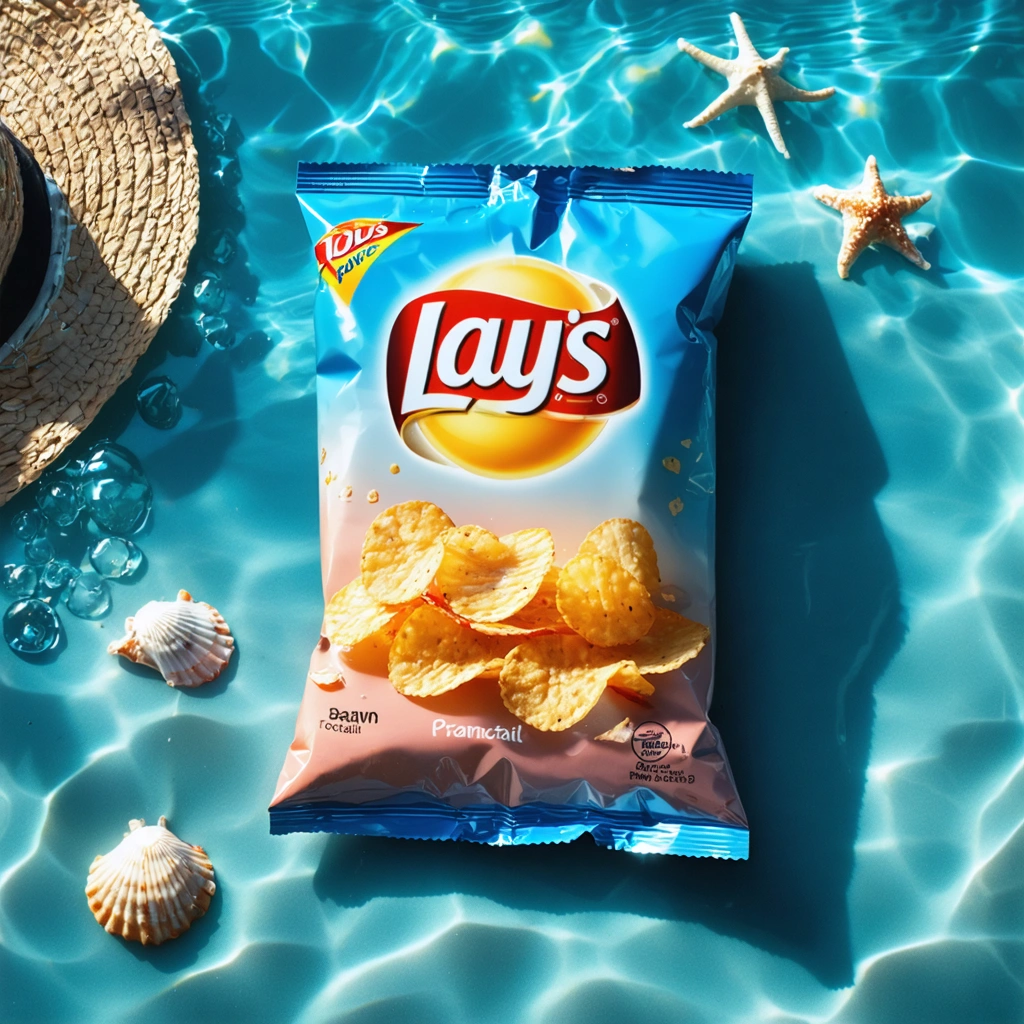 Create a highly detailed, 8k resolution photographic image capturing the essence of a midsummer beach picnic, illuminated by soft, natural sunlight. From a top-down aerial viewpoint, the central focus is a packet of Lays Prawn Cocktail crisps, bathed in the warm, golden glow of the day. The packet, adorned in deep-sea blues and coral pinks, reflects the sunlight, creating soothing glows and inviting textures. Surrounding the packet, the scene is playfully arranged in a diagonal composition, with hints of prawn seasoning and seashells subtly suggesting the crisps' flavor. The macro lens zoom highlights the intricate texture of the crisps and the glossy Lays logo gleaming in the sunlight, utilizing a shallow depth of field to blur the background into an impressionistic haze. This cleverly directs the viewer's gaze to the crisps peeking out from the gentle waves of the opened package. Additional elements include the dynamic textures of crunchy crisps contrasted with the soft sand, integrated natural elements like sand and seashells, seasonal touches of a sun umbrella and beach towel, and the subtle branding of gleaming logo reflections. The story unfolds in this striking narrative, inviting the viewer into a summer seaside utopia.
