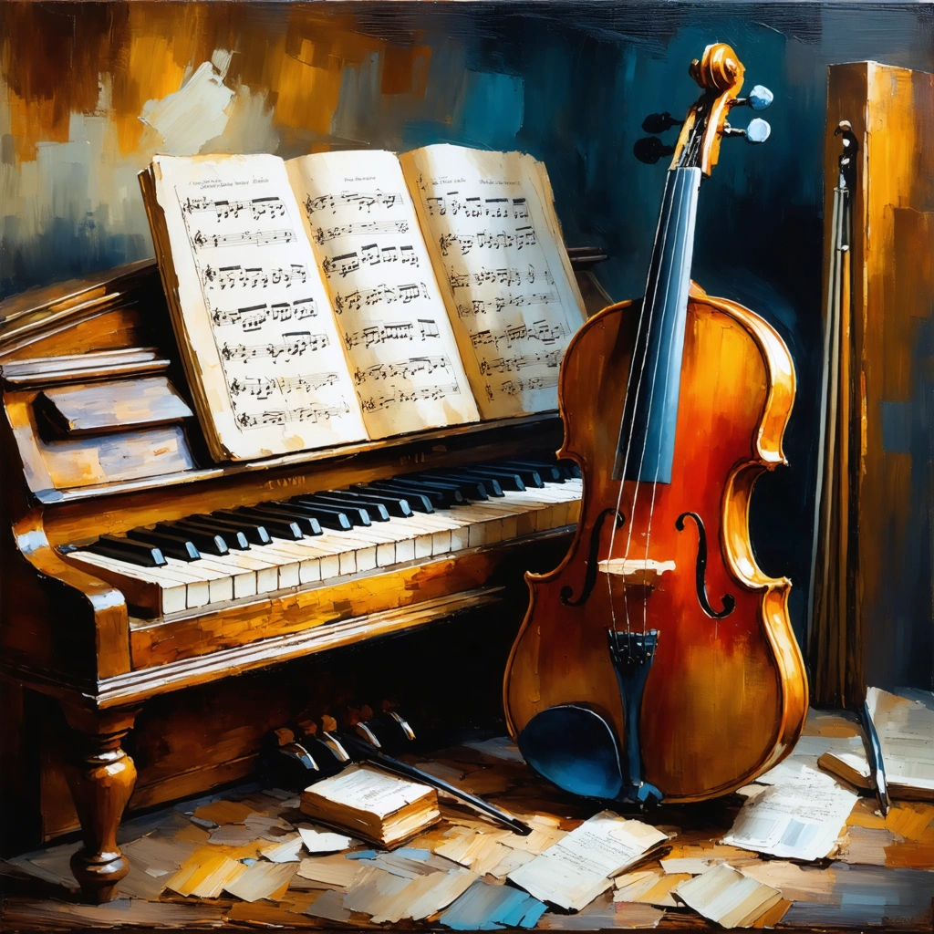 Textured oil painting of piano, violin, sheet music, worn wood textures, soft warm spotlight, layered oil brush strokes, tactile canvas feel, expressive artistic still-life illustration