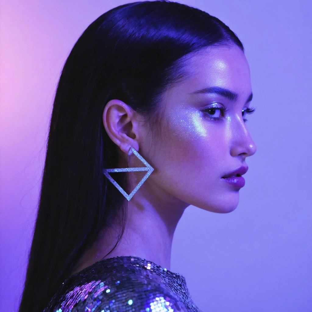 hyper-realistic portrait of a striking female model with long, sleek black hair cascading over her shoulders. Her skin glows with a soft radiance, subtly illuminated by cool purple and blue ambient lighting. She wears a shimmering metallic sequin top that catches the light with every contour, paired with bold, sculptural geometric earrings. Her makeup is dramatic yet refined — a blend of metallic eyeshadow, precision-lined eyes, and glossy plum lips that accentuate her confident mystique. Her expression is enigmatic, her gaze indirect, with a slight head tilt that suggests both strength and allure. The backdrop is a softly blurred city nightscape — moody and cinematic, with hints of diffused bokeh lights glowing in the distance. The tones are rich but not oversaturated, creating an atmosphere of quiet, modern glamour.

✨ Enhanced Style Tags:
hyper-realistic, cinematic lighting, soft ambient color, elegant bokeh, high-gloss skin, moody city night, editorial fashion, understated drama, modern mystique