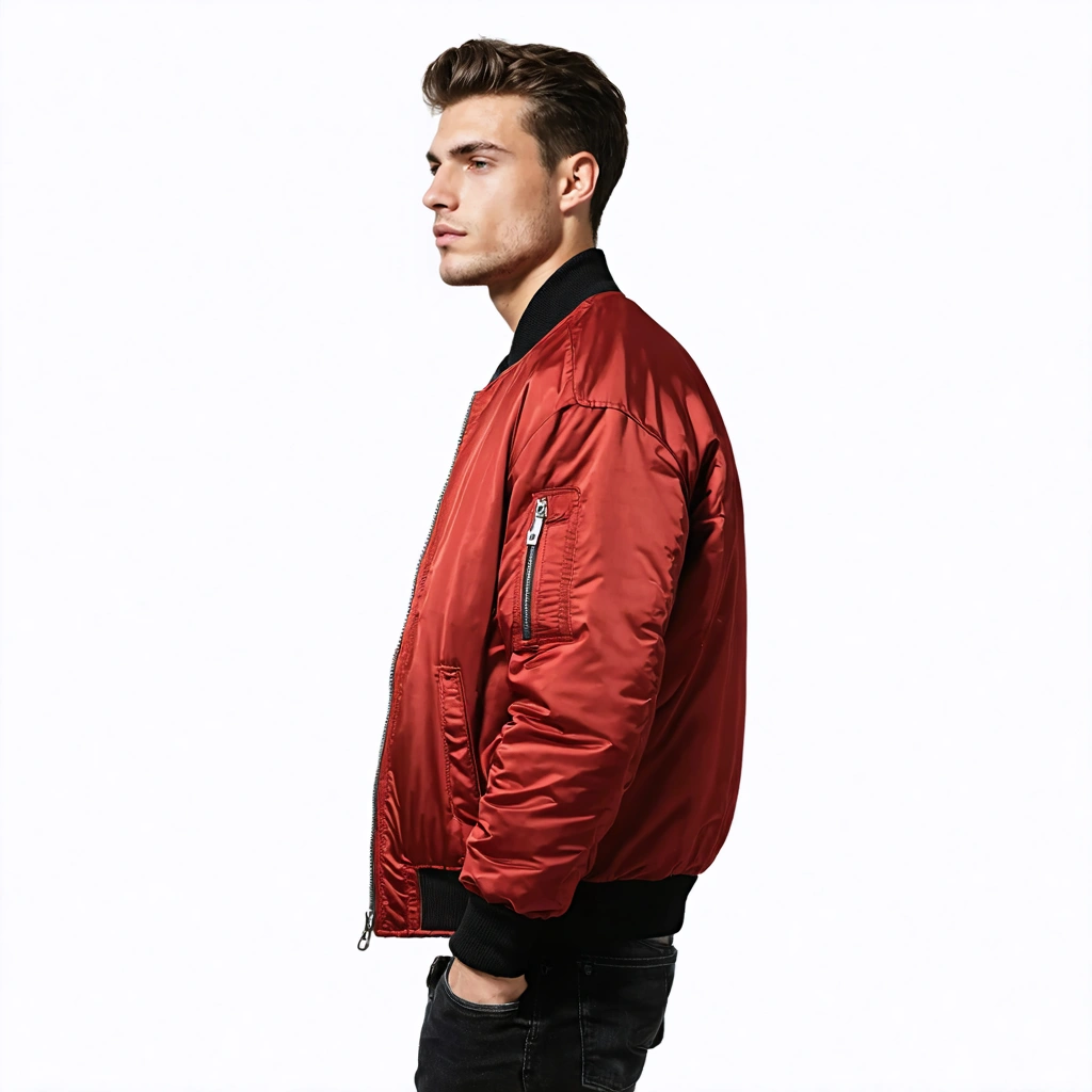 Create an ultra-realistic lifestyle image of a male model wearing the exact same red bomber jacket described below, ensuring identical design, color, materials, and details:
Jacket specifications (must match exactly):
Color: rich deep red (#C1121F), satin-matte finish.
Material: mid-weight polyester blend with light padding, smooth surface, subtle soft reflections.
Collar: black ribbed knit bomber collar with fine vertical rib texture.
Cuffs & Hem: black ribbed knit, tight texture, identical to collar ribbing.
Zipper: metallic silver zipper with chunky matte teeth and a rectangular pull tab.
Pockets: two welt pockets with horizontal black piping on openings.
Silhouette: lightly padded bomber fit, structured shoulders, natural puff, clean lines.
Stitching: double-stitch seams identical to packshot image.
Model & Setting:
Male model, mid-20s to early-30s, clean grooming, casual neutral expression.
Pose: relaxed, standing, hands by sides or one hand in pocket, facing camera naturally.
Lighting: soft studio lighting or outdoor diffused daylight, evenly illuminating the jacket to show texture.
Background: simple minimalistic background (light grey, urban street blur, or clean studio) that does not compete with the product.
Camera: vertical format, chest-up or full-body shot, high sharpness, shallow depth of field highlighting the jacket.
Ensure the jacket’s color, silhouette, collar, cuffs, zipper, and pocket details perfectly match the standalone product image.”