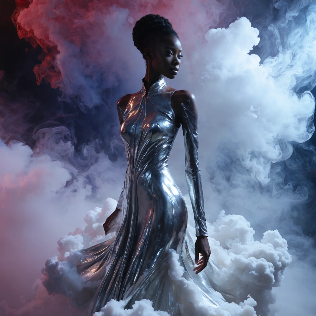 Craft a high-fashion editorial portrait that exudes an air of surreal couture and artistic elegance. The main subject, a model embodying confidence and grace, is adorned in a striking dress that seamlessly blends the textures of liquid metal and clouds, creating a visual metaphor for the fusion of the ethereal with the tangible. This dress should glisten under dramatic, high-contrast studio lighting, emphasizing the reflective properties of the metal and the soft, diffused edges of the clouds. The lighting should carve out the model's silhouette, enhancing the metallic tones and the intricate details of the dress, jewelry, and sleek hairstyle. Captured from a dynamic angle, the composition should leverage focus stacking to ensure ultra-sharp details across the model, while employing a soft gradient background to keep the attention firmly on the subject. Emphasize the texture and material contrast through close-up shots, highlighting the juxtaposition between the smooth metallic elements and the delicate cloud-like textures. Incorporate selective color adjustment in post-processing to fine-tune the metallic tones, ensuring they complement the overall color palette and add to the image's surreal atmosphere. The model's confident stance and dramatic angles should convey power and elegance, making this image a quintessential representation of luxury magazine style.