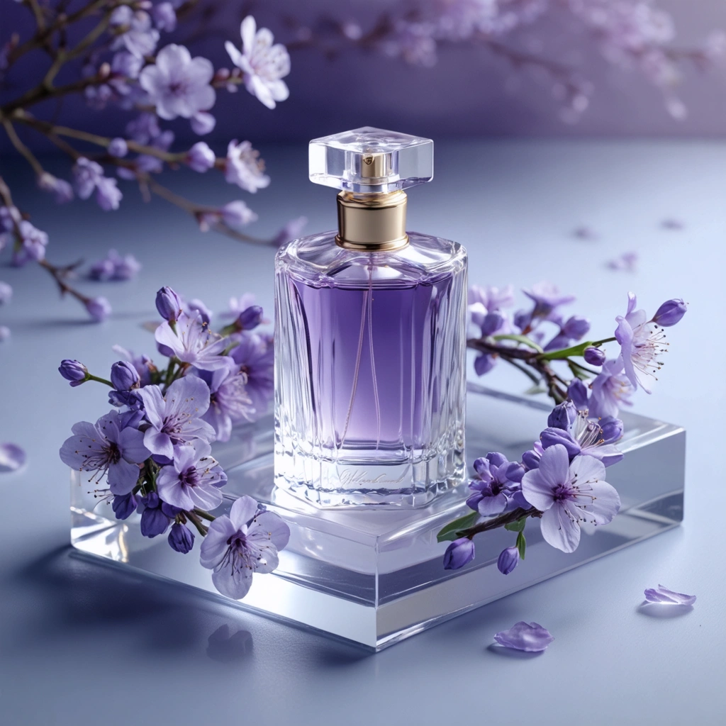 Embark on the creation of an opulent lavender perfume bottle, elegantly positioned on a square glass base of the same soothing lavender hue. This centrepiece is tenderly encircled by a wreath of delicate flowers, resembling the ethereal beauty of purple cherry blossoms. The backdrop is a gentle blur of pastel lavender shades, skillfully merging with the subjects to create a harmonious, monochromatic canvas. The scene is intimately lit with soft, diffused studio lighting that brings the scene to life by casting elegant reflections off the glass and unveiling gentle highlights that illuminate the intricate details. The setting oozes a dreamy, feminine and tranquil aura — a masterpiece of cinematic product photography. Render this tranquil scenario in ultra-realistic 8K, taking care to maintain a shallow depth of field that amplifies the product's details while gently fading the surrounding elements. Arrange the components in a symmetrical composition to highlight balance and harmony.