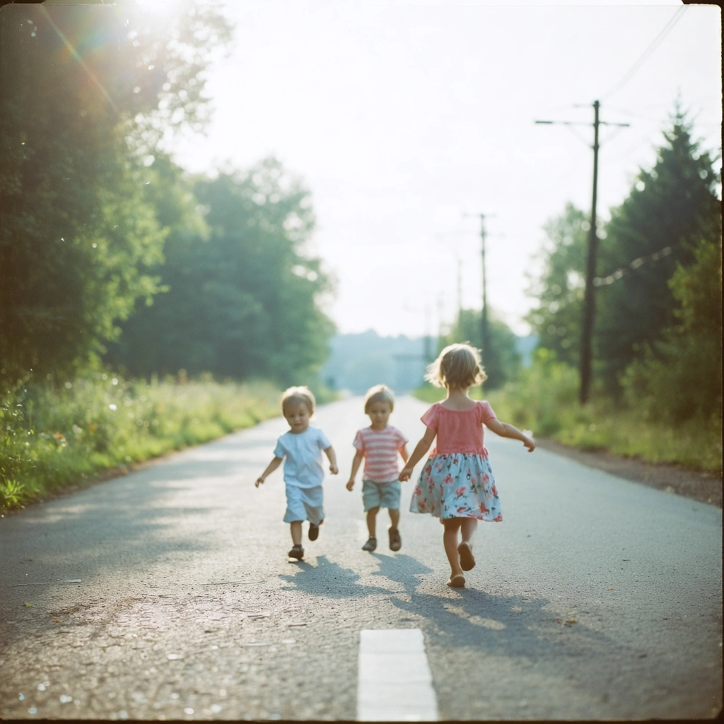 Craft a photographic image that encapsulates the joyous, unguarded moments of children at play on a serene, quiet road. The scene is bathed in diffused daylight, casting soft shadows that blend seamlessly into the environment, enhancing the natural, warm skin tones of the children. Imagine this through the lens of a 35mm film camera, with a fine film grain adding texture to the image, and a shallow depth of field focusing our gaze on the authentic emotions displayed. The colors are muted, reminiscent of a technicolor palette, carefully graded to evoke a sense of nostalgia. Capture this moment with the analog realism and hyperrealistic detail of a high-resolution, 8k capture, ensuring the textures and subtle motion blur - a product of a skilled panning technique - are portrayed with precision. The mood is light, the children's engagement genuine, framed with a wide aperture to softly blur the background, inviting the viewer into this candid snapshot of childhood.