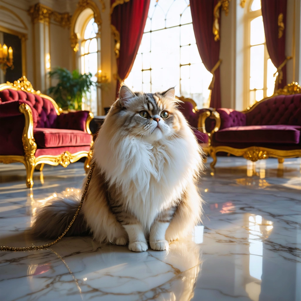 Create a highly detailed, 8k resolution photographic image capturing a serene, fluffy Persian or Himalayan cat poised calmly on the reflective polished marble floor of a luxurious mansion. The room bathes in the soft golden hour sunlight filtering through tall sheer curtains, creating rich, warm tones that enhance the scene's elegance. Surrounding the cat are velvet sofas and gold-trimmed furniture, their textures rich and inviting, contributing to the room's opulent atmosphere. The cat, wearing a delicate jewel-studded leash, has its eyes half-closed in a sly, confident expression, hinting at a playful moment as it yawns mid-scene. The composition is symmetrical, with a bird's eye view emphasizing the oversized furniture around, making the cat the clear, serene focus amidst an impending funny scenario. A shallow depth of field focuses on the cat and the immediate surroundings, especially the close-up velvet texture and the marble floor's reflections. A golden tray with treats subtly placed to one side adds to the composition, inviting a candid, dynamic moment under the rich jewel tones of the scene.