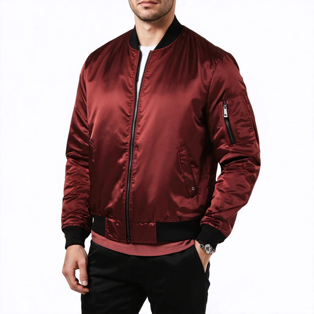 Envision a scene poised for the spotlight in an e-commerce gallery: a men's bomber jacket, the epitome of sophistication, stands perfectly centered against a background of pristine white (#FFFFFF). This garment, a marvel in rich deep red (#C1121F), boasts a subtle satin-matte sheen that whispers luxury. Crafted from a mid-weight polyester blend, it exhibits a smooth surface with a soft reflection, ensuring a tactile allure without the gloss. The classic bomber collar, ribbed knit in an elegant black, frames the piece with fine vertical lines, while the cuffs and hem follow suit, their tight texture hinting at a comforting stretch. The jacket's metallic silver zipper, with its chunky teeth and matte finish, runs straight and centered, its pull a study in simplicity with rectangular, rounded edges. The silhouette of the jacket, slightly padded, with structured shoulders, achieves a natural puff and clean vertical drape that suggests motion even in stillness. Two front welt pockets, accented with horizontal black piping, introduce a functional charm. Detail is king with double-stitch seams that promise durability and a premium aesthetic. The soft, refined fabric texture, complete with subtle quilting lines invisible from the outside, invites a closer look. The jacket, though unoccupied, appears filled, its sleeves curved gently, denying any hint of collapse. Illuminated by even, soft studio lighting from both sides, the jacket casts a subtle drop shadow beneath, lending depth and grounding its presence. This high-resolution packshot captures the essence of the jacket, focusing on the accuracy of its deep red hue, the precision of its zipper, and the elegance of its fit, all while ensuring a clean, distraction-free presentation that accentuates its structured shoulders, ribbed knit details, and flawless composition.
