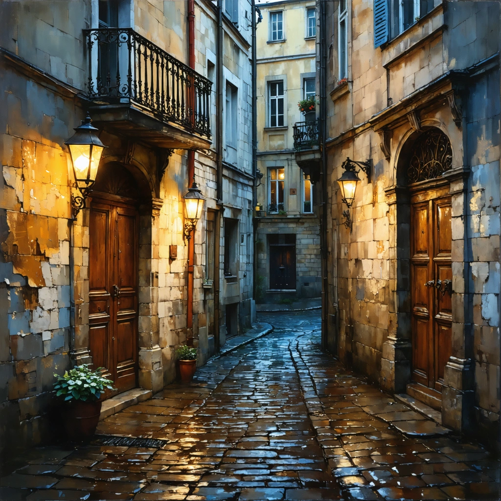 Craft a highly detailed, 8k resolution photographic image capturing the essence of a textured oil painting. The scene unfolds in a narrow European alley just after the rain, where wet cobblestones glisten, reflecting the soft golden hour light of twilight. Stone walls, adorned with peeling paint and iron balconies, frame the composition, while closed wooden doors add a touch of mystery. Glowing street lamps cast a warm, moody light, enhancing the thick, expressive brush strokes of the scene. The HDR texture detailing brings out the intricate textures, and the vintage film tones add a nostalgic charm. Composition-wise, the bird's eye view uses leading lines to draw the viewer's eye through the alley, with subtle rain droplets and reflections in puddles adding depth. A silhouetted figure stands in the distance, adding a human element, while abandoned objects hint at stories untold. Selective focus on brush strokes and the cinematic fine-art illustration style create a compelling visual narrative.