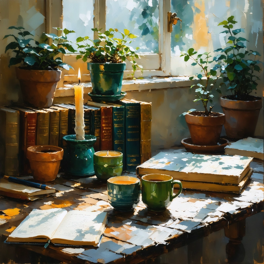 Textured oil painting of a coffee table arrangement, books, candles, small potted plants, ceramic mugs, scattered notebooks, warm natural lighting, thick brush strokes, tactile decorative oil painting