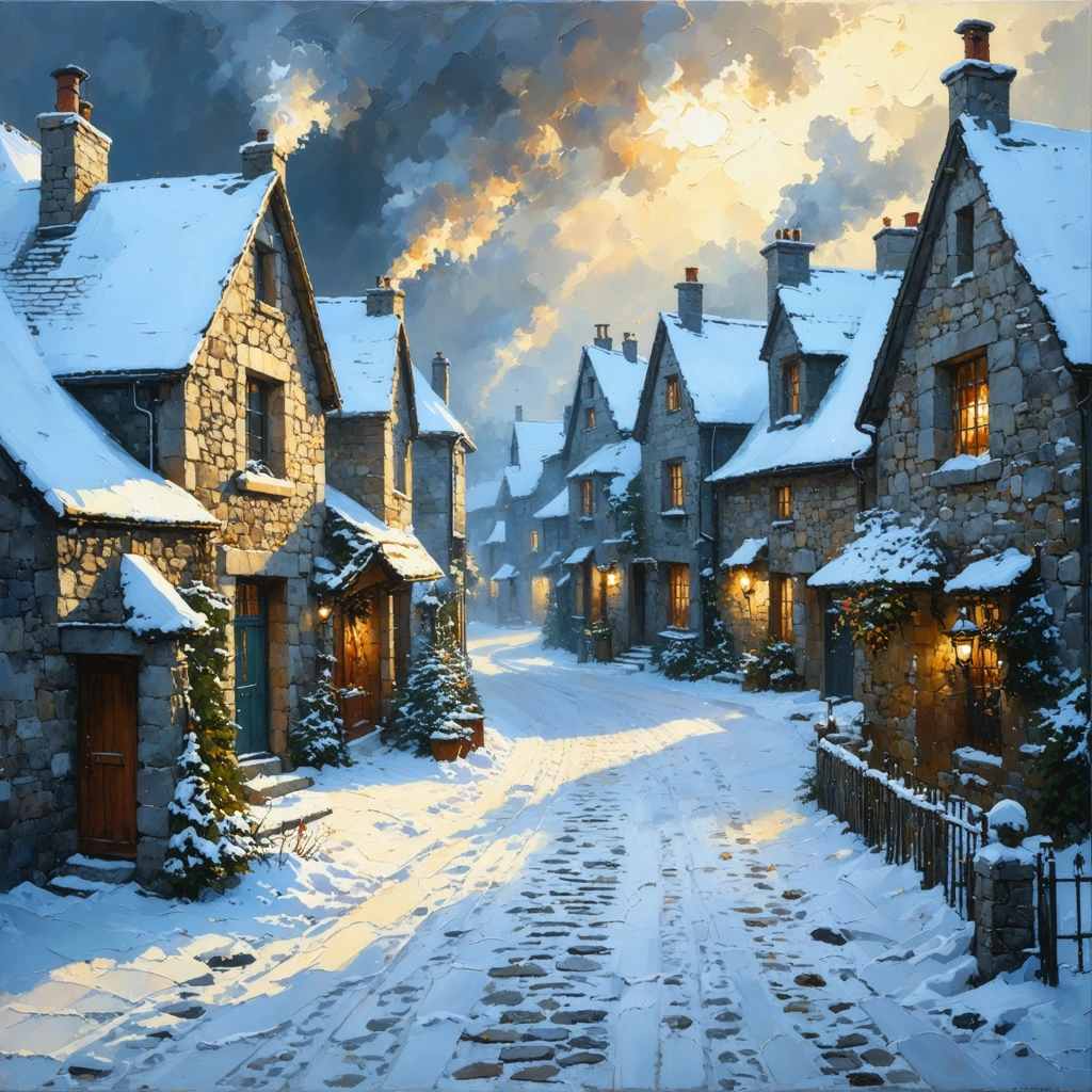 Textured oil painting of a European snow-covered lane, stone houses with smoke curling from chimneys, snow-laden rooftops, warm light from windows, footprints in cobblestone, rich impasto texture, tactile oil canvas illustration