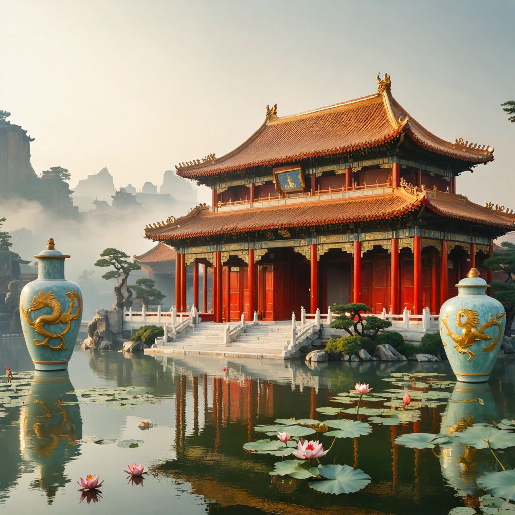 Envision a serene morning at a Forbidden City pavilion, where the air is filled with a mystical mist. The main subject is a pavilion adorned with red lacquer columns and roofs that seem to flutter like phoenix wings, all aglow with a soft morning light that enhances the golds and reds. Surrounding lotus ponds, edged by ancient stone dragons, mirror the golden phoenix and the pavilion's majesty, while giant celadon vases sit prominently before scroll-painted panels depicting the Four Seasons. These jade-glazed vases, etched with mythical creatures, catch the eye with their regal presence and detailed craftsmanship, highlighted further by the translucency of the morning's glow from strategically placed hanging lanterns. The composition is a study in symmetrical balance, viewed from a bird's eye perspective that allows a shallow depth of field to focus on the intricate details of the vases, while the lacquer columns' texture is brought to life. The scene is framed by the architectural elegance of the pavilion, with a high contrast setting that dramatizes the ancient and cultural symbolism of the phoenix motif. This photographic image, rendered in 8k resolution, revels in the rich reds and golds of the Qing dynasty's poetic grandeur, embodying a mystical morning ambiance with a narrative element of an ancient dragon guardian.