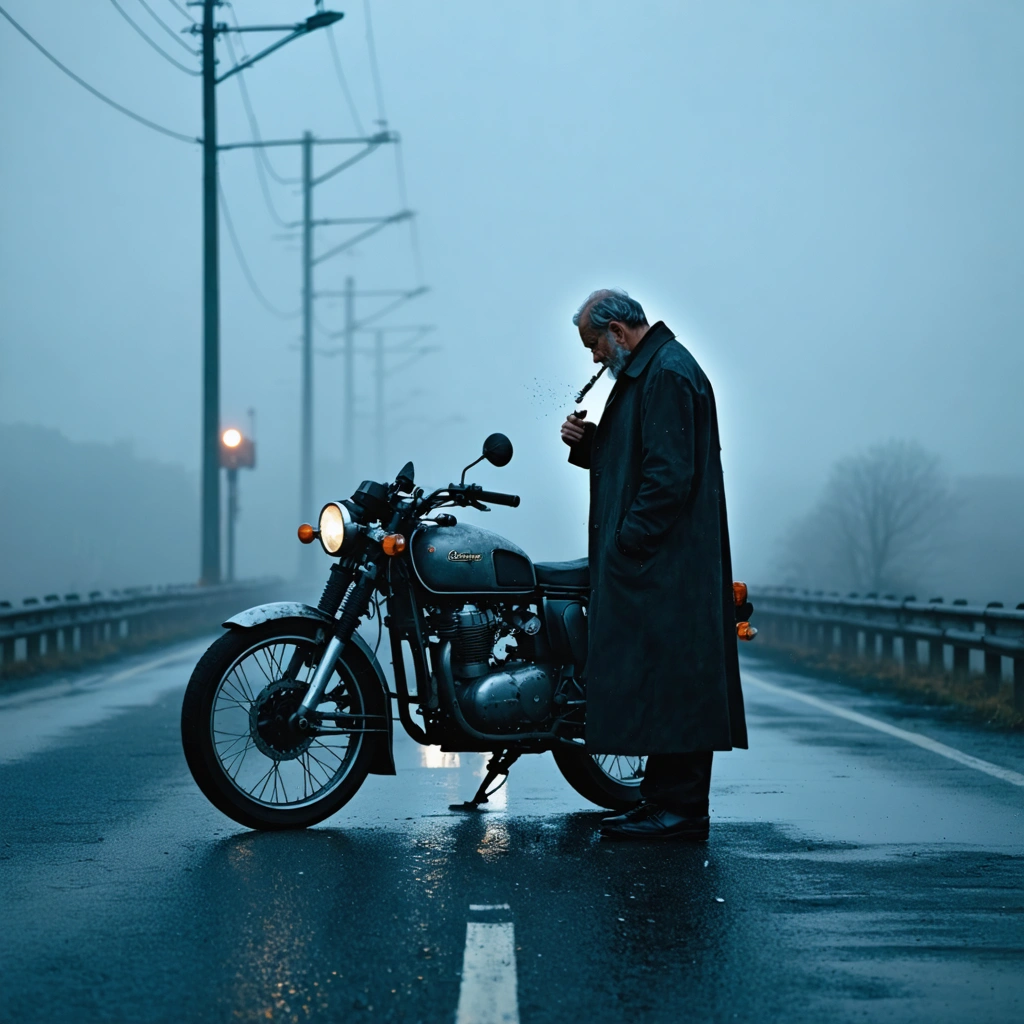 Craft a photographic image that encapsulates solitude, showcasing a classic bike in front view, stationed on an infinite highway. The scene is bathed in the soft, indirect glow of twilight, enriching the composition with deep shadows and emphasizing the bike's silhouette against a backdrop of subtle fog. The bike, an icon of eras past, bears a charcoal body with a satin finish, adorned with signs of gentle decay and dew droplets that scatter across its surface, mirroring the twilight and adding rich texture. Adjacent to the bike, a mysterious man, cloaked in a coat and clutching a cigar, stands, his gaze intensifying the scene's intrigue. Employ the rule of thirds to captivate the viewer's attention, with a focus on desaturated charcoal tones and a shallow depth of field to keep the bike in sharp focus against a softly blurred background. Reflective surfaces should gleam with the twilight's caress, and a vintage film grain overlay will instill the scene with a timeless ambiance. This 8k resolution image should harmonize motion and stillness, drawing the viewer into a detailed, atmospheric moment. Highlight key details such as high-resolution dew droplets, a vintage sepia tone, and scattered vintage objects to add depth, while the man's enigmatic expression and mysterious symbols on the bike beckon narrative conjecture. Enhance the image with soft golden hour lighting, an aged film texture overlay, macro focus on dew droplets, leading lines of the highway, sepia tone with cool shadows, the man's adjusted expression, subtle fog, slight motion blur on the highway, mysterious symbols on the bike, symbolic objects near the man, and a mood of melancholy to create a compelling visual narrative.