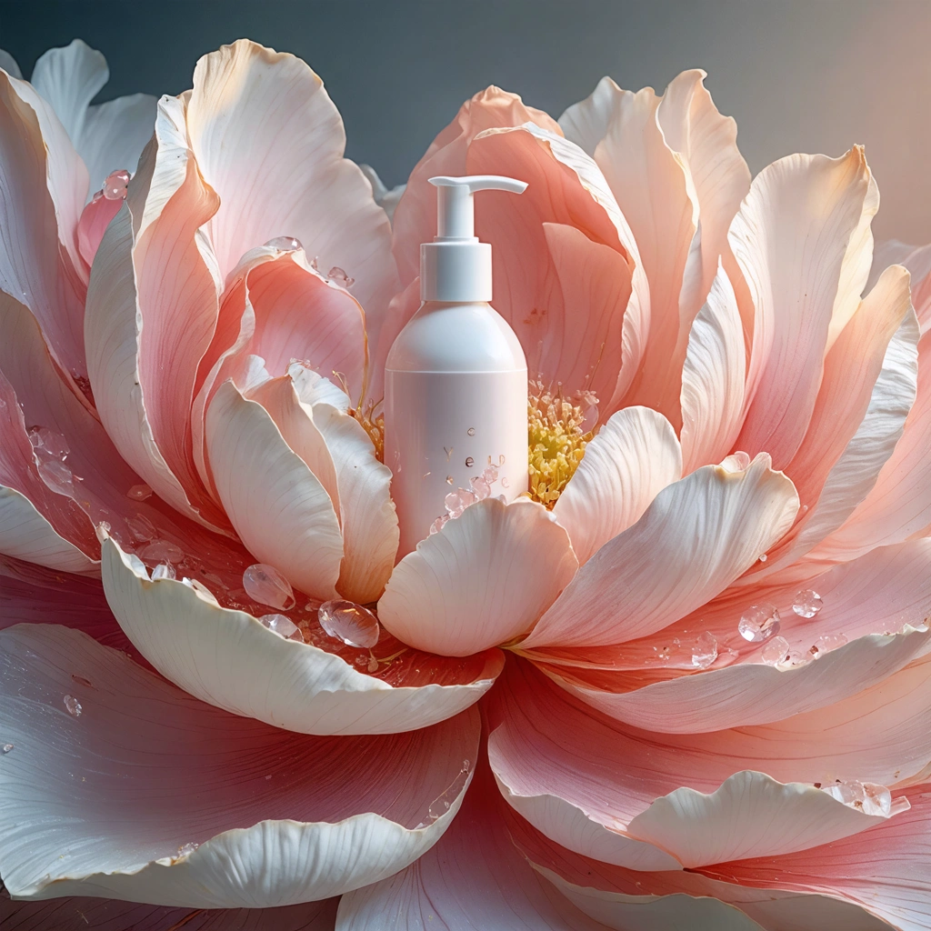 "Visualize an image of hyper-realistic fidelity and high-definition quality that appears to be plucked straight from a whimsical, botanical universe. Picture gigantic flower petals, amplified in size and suffused with a luxurious, velvety softness that seems to delicately unfold as if in greeting to the initial blush of sunrise. Emerging from this plush tapestry of soft pink, radiant coral, and inviting peach gradients are shampoo bottles, appearing as though they naturally sprouted overnight – glistening like gemstones kissed by the fresh dew of morning. The scene is depicted with an emphasis on minute detail, accentuating the intricate network of veins adorning the petals and each shimmering drop of dew that reflects the subtle, diffused morning light casting a spell of quiet elegance. The shampoo bottles, with their fresh, gleaming surfaces, look as though they have been tenderly nurtured and cultivated by Mother Nature herself, harmoniously blending with the texture of the petals. The backdrop subtly fades into a hazy bokeh of floral dreams, with the predominant focus sharply cast on the unfolding petals and the emergent product. The entire scene is drenched in soft, natural light showering the tableau, underscoring the purity, softness, and an otherworldly sense of opulence. This enchanting merging of nature’s grace and high-end beauty encapsulates pure elegance wrapped in a dreamy layer of fantasy."