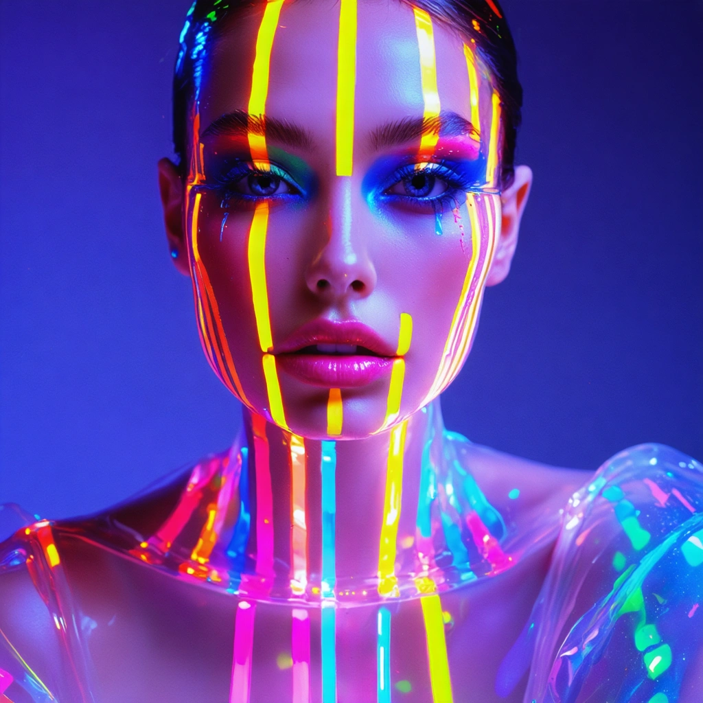 Create a photographic image capturing a hyper-realistic portrait of a fashion model adorned with artistic makeup featuring vertical stripes in electric blue, hot pink, neon yellow, and emerald green. The model's gaze is striking, with glowing skin and expressive eyes that sparkle, enhancing the overall vivacity of the portrait. They wear a futuristic resin dress, glossy, translucent, and sculpted, embodying wearable art. The background bursts with vibrant gradients and abstract splashes, complementing the makeup's energy, illuminated by cinematic, color gradient lighting that casts dynamic shadows and highlights, creating a bokeh effect that blurs everything but the model. The focus is razor-sharp on the model's face, neck, shoulders, and upper torso, employing a shallow depth of field to emphasize the intricate makeup details and the subtle reflections on the resin dress. This high-fashion editorial shot, reminiscent of a Vogue cover, combines ultra-detail, vibrant color palette, beauty photography, and resin fashion in a composition that boasts cinematic lighting, sharp focus, and a dynamic angle, capturing the essence of high fashion with a film noir influence.