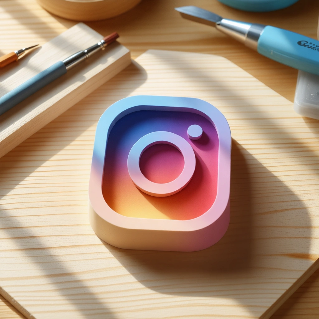 Craft an 8k resolution, hyperrealistic 3D render capturing a handmade instagram logo, meticulously shaped from [material] with real pastel colors. The logo, exhibiting a smooth, matte texture with subtle imperfections, lies on a natural wooden worktop. Illuminated by soft overhead lighting, it's the centerpiece in a cinematic, dramatic diagonal composition. A shallow depth of field introduces a bokeh effect, artfully blurring the background where subtle nature elements and handmade tools hint at an artisanal setting. The image oozes elegance, with a symmetrical composition and luxurious finish, while subtle leading lines and textural patterns enhance its sophisticated, artisanal vibe.