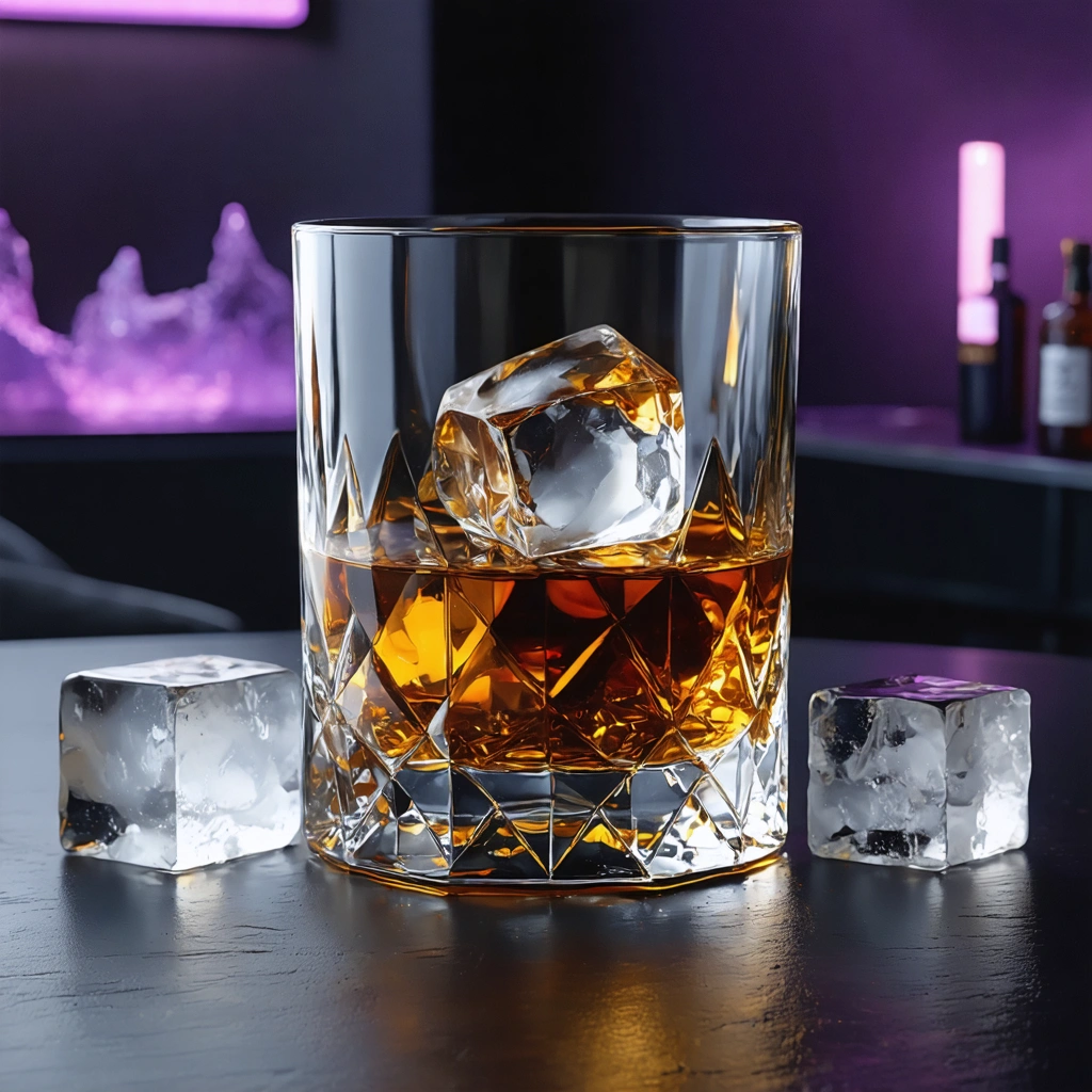 Enhance this prompt: "Create an ultra-high definition 8K photograph that artistically showcases a low-lying vintage whiskey glass, brimming with an enticing elixir of profound amber-golden spirit, accented by a colossal, icy glacier cube. This main subject is prominently positioned in the lower third of the frame, slightly askew, basked in the intoxicating allure of subdued, warm golden lighting. The backdrop hums with ghost-like reflections from remote purple neon, casting a dream-like aura across the tableau. Employ a macro lens from a lateral vantage point, magnifying the weathered texture of the whiskey, the sleek, sharp edges of the glass, and the playful dance of reflections on the shimmering bar surface. To add a hint of narrative suspense, incorporate a softly blurred vintage bar tool or a weather-beaten wooden coaster casually cast aside in a corner."