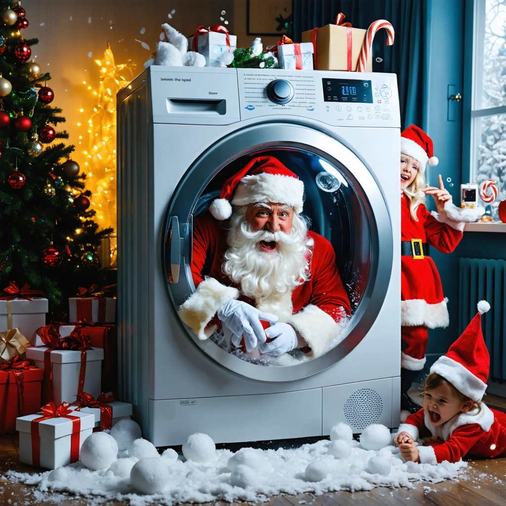 A wildly humorous surreal Christmas scene inside a cozy living room where Santa Claus is trapped inside a transparent washing machine mid-spin, his face completely squished against the glass with crossed eyes, puffed cheeks, and a crooked “ho ho ho” expression. His red hat is stretched sideways, beard tangled around spinning socks. Candy canes smack the glass like pinballs. One elf is pointing and laughing hysterically while another records on a phone, a third elf spills hot cocoa in shock. A confused reindeer peeks through the doorway. Christmas lights flicker, ornaments shake, detergent bubbles float in the air. Warm golden festive lighting, exaggerated motion blur, hyper-realistic textures, cinematic wide shot, cartoon-level facial expressions, absurd holiday comedy tone.
😆 Optional Extra-Funny Tweaks (if you want more chaos)
You can append one or two of these at the end:
“Santa’s nose pressed flat against the glass leaving a red smudge”
“washing machine timer stuck at ‘Ho Ho Ho’ instead of minutes”
“ugly Christmas sweater stretched and tangled inside the drum”
