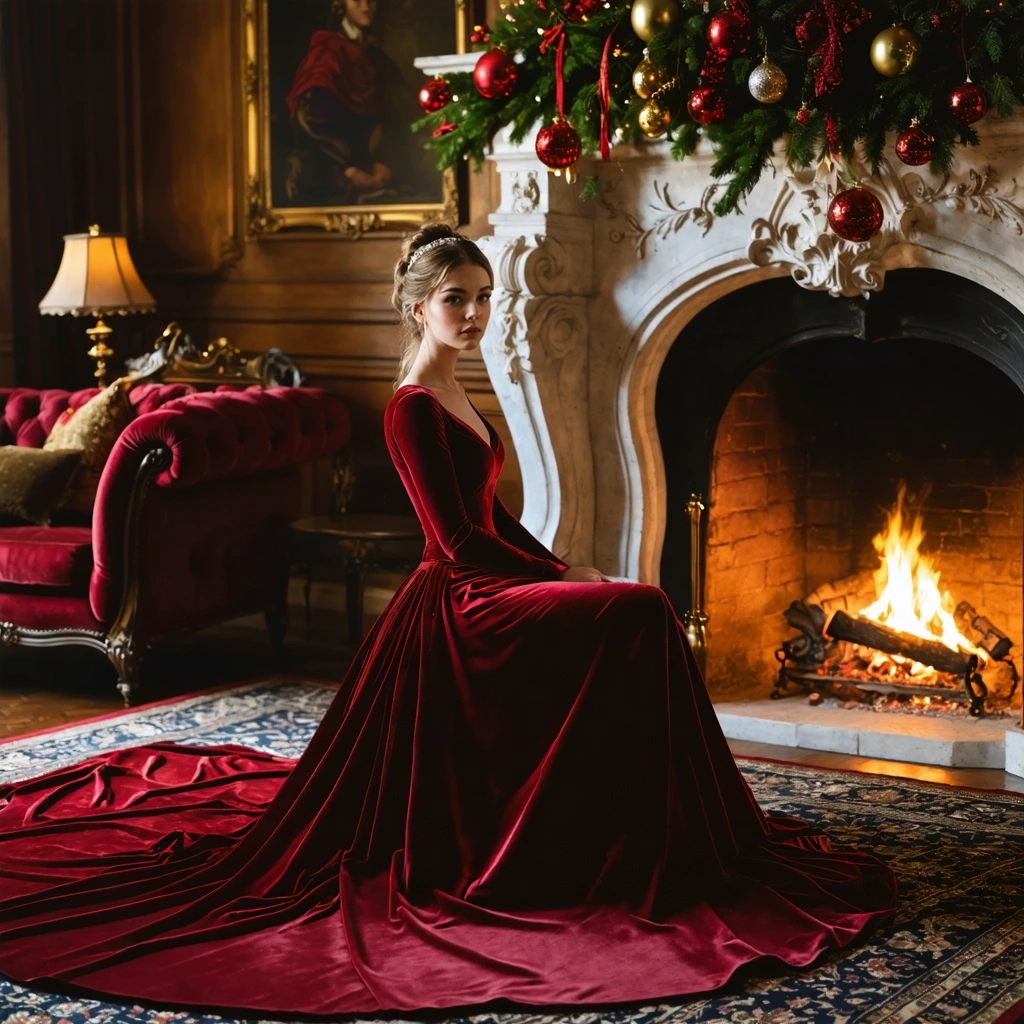 Transform this prompt into an image: "Craft an Ultra-realistic image that encapsulates a charming, cinematic European Christmas interior setting. The primary focus is a breathtaking European maiden in her prime, elegantly perched on a luxurious velvet rug near a radiant, crackling fireplace. She's draped in a sumptuous deep ruby Christmas gown, tailored from velvety fabric, accentuating her figure with a snug fit and flowing long sleeves. The soft, incandescent firelight bathes her face and attire, casting a dreamy golden glow that heightens the room's intimate and joyous ambiance. Adjacent to her, a towering, resplendent Christmas tree reaches for the ceilings, adorned with twinkling fairy lights, glistening golden trinkets, crimson baubles, rustic pinecones, and delicate ribbons. The branches cradle presents clad in neutral and festive hues at the tree's base. The room exudes European grandeur with sturdy wooden floors, quintessential furnishings, creamy beige walls, and expansive windows that offer peeks of gentle snowfall, amplifying the enchantment. The image should utilize the fireplace's ambient light, adhere to the principle of thirds in the composition, and apply a shallow depth of field to concentrate on the maiden, creating a captivating bokeh effect on the flourishing tree. Showcase the intricate texture of the fabrics, employ the richness of a golden color palette, and portray the lady's tender smile to convey the scene's warm emotion. Cinematic touches such as subtle lens flare should be incorporated, underlining the sumptuous holiday aesthetic with hints of silky ribbon details, the woman's poised finesse, and the snug ambiance. Architectural symmetry of European design should be accentuated, along with the magical dance of the twinkling lights, all in a photorealistic, cinematic illumination style that echoes the visuals of a 35mm lens, seizing the intimate, festive, and serene essence of a Christmas evening."
