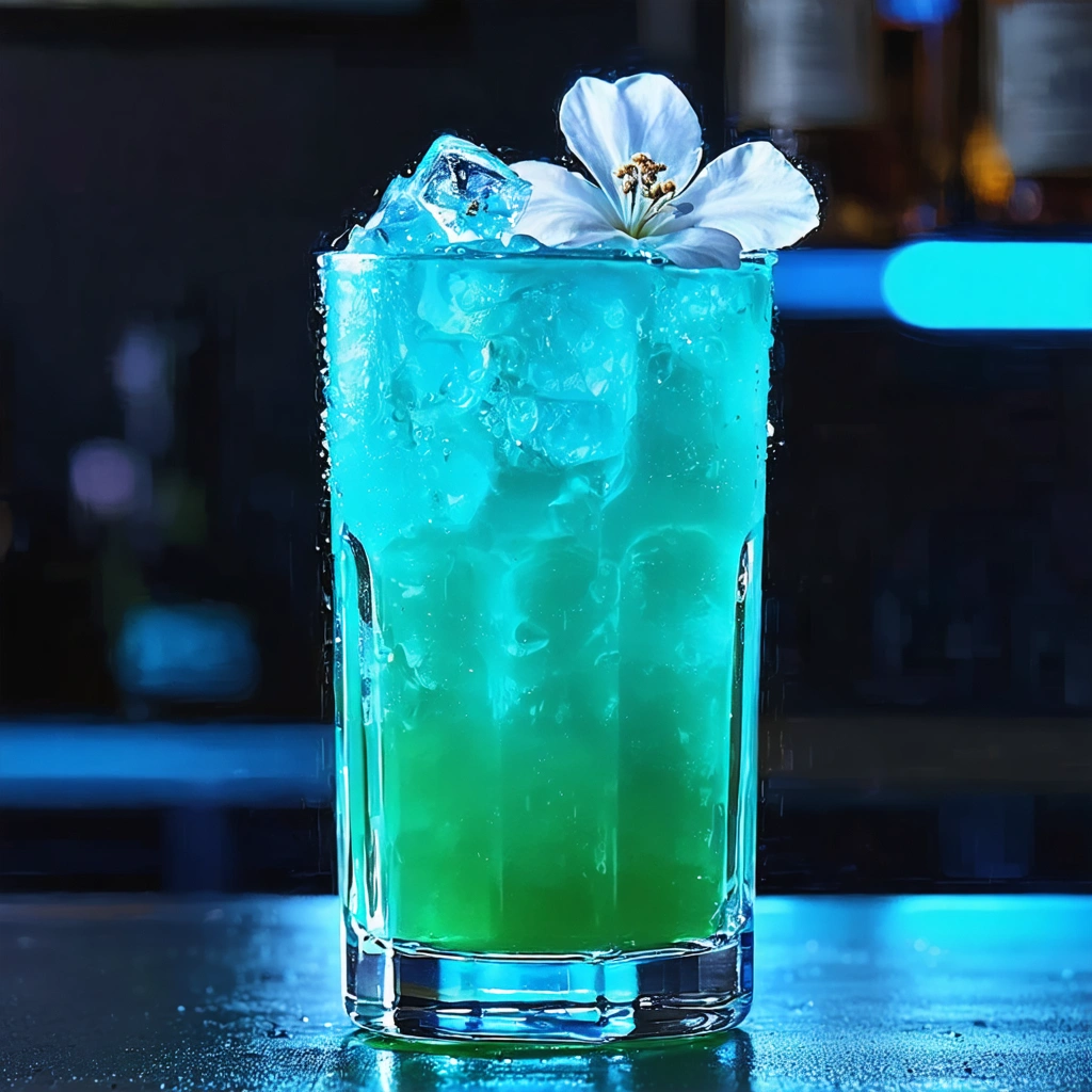 Conjure up a hyperrealistic 8K cinematic image that captures a towering highball glass filled with an intoxicating blue-green cocktail, crowned with a delicate white floral garnish. This scene unfolds in a sophisticated, enigmatic bar drenched in shadows, with stray reflections of neon blue and teal lights dancing across the icy glass and polished bar surface.
Let the camera lens capture in exquisite detail the tiny droplets of condensation that bead on the surface of the glass, a testament to the refreshing chill of the drink. Enlighten the scene with a soft backlight, which artfully illuminates the elongated silhouette of the glass, further enhancing the majesty of the cocktail. Inject an element of mystery and dynamism by threading a wisp of smoke or a breath of mist through the atmosphere.
Capture the scene from a low-to-mid angle shot, ensuring the cocktail remains the sharp protagonist of the image, contrasted against a soft-focused, shallow depth-of-field background. Frame the drink with vintage bar paraphernalia such as an antiquated cocktail jigger and a seasoned bar towel, adding layers to the narrative. Ensure there is a generous amount of negative space to create a harmonious visual balance.
Apply subtle, cinematic color adjustments selectively, drawing attention to the crystalline clarity of the glass and enhancing the overall mood of the scene. The final image should feel like a deep, saturated pause in time - a chiaroscuro cocktail moment, frozen for eternity.