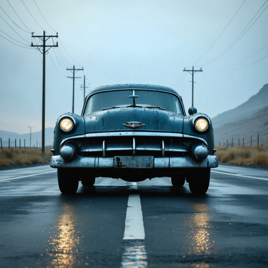 Create a photographic image capturing a classic car in front view, parked on an infinite highway. The scene is steeped in the solitude of twilight, its soft, indirect glow casting deep shadows and highlighting the car’s silhouette. The car, a mysterious figure of bygone eras, its charcoal bodywork adorned with a satin finish, shows signs of gentle decay and usage. Dew droplets, acting as tiny prisms, scatter across its surface, enhancing the texture and depth. A mysterious man, dressed in a coat and holding a cigar, stands by, his enigmatic gaze adding to the scene’s allure. The composition adheres to the rule of thirds, placing the car strategically to draw the viewer’s eye. The color grading emphasizes desaturated charcoal tones, while a shallow depth of field focuses attention on the car, leaving the background subtly blurred with hints of fog for atmosphere. Reflective surfaces play with the twilight’s glow, and a vintage film grain overlay adds a timeless quality. This moment of stillness, captured with 8k resolution, showcases the intricate balance of motion and stillness, enveloping the viewer in a cinematic, detailed, and profoundly atmospheric scene.