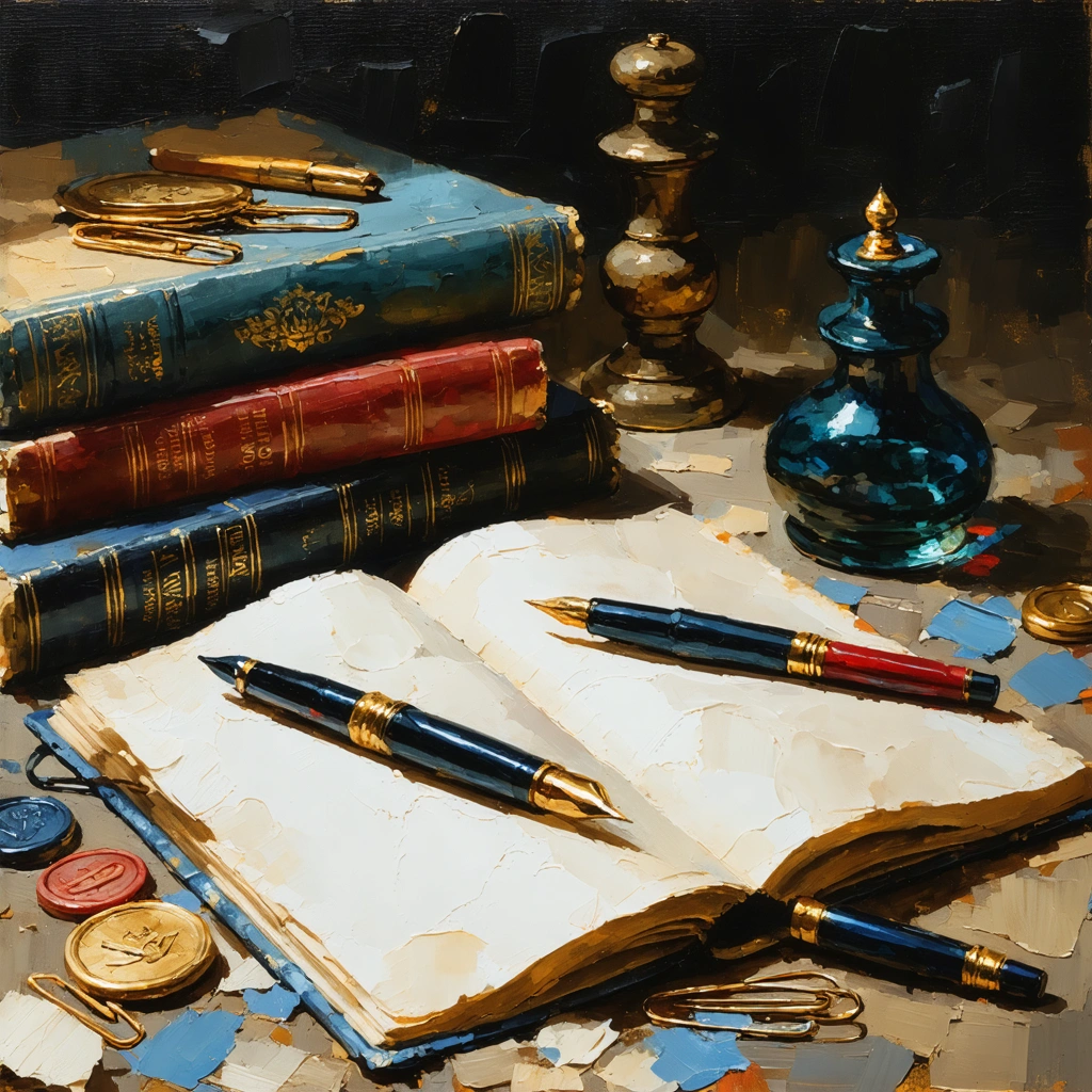Textured oil painting of notebooks, fountain pens, inkwells, wax seals, paper clips, subtle shadows, thick impasto brush strokes, elegant tactile illustration