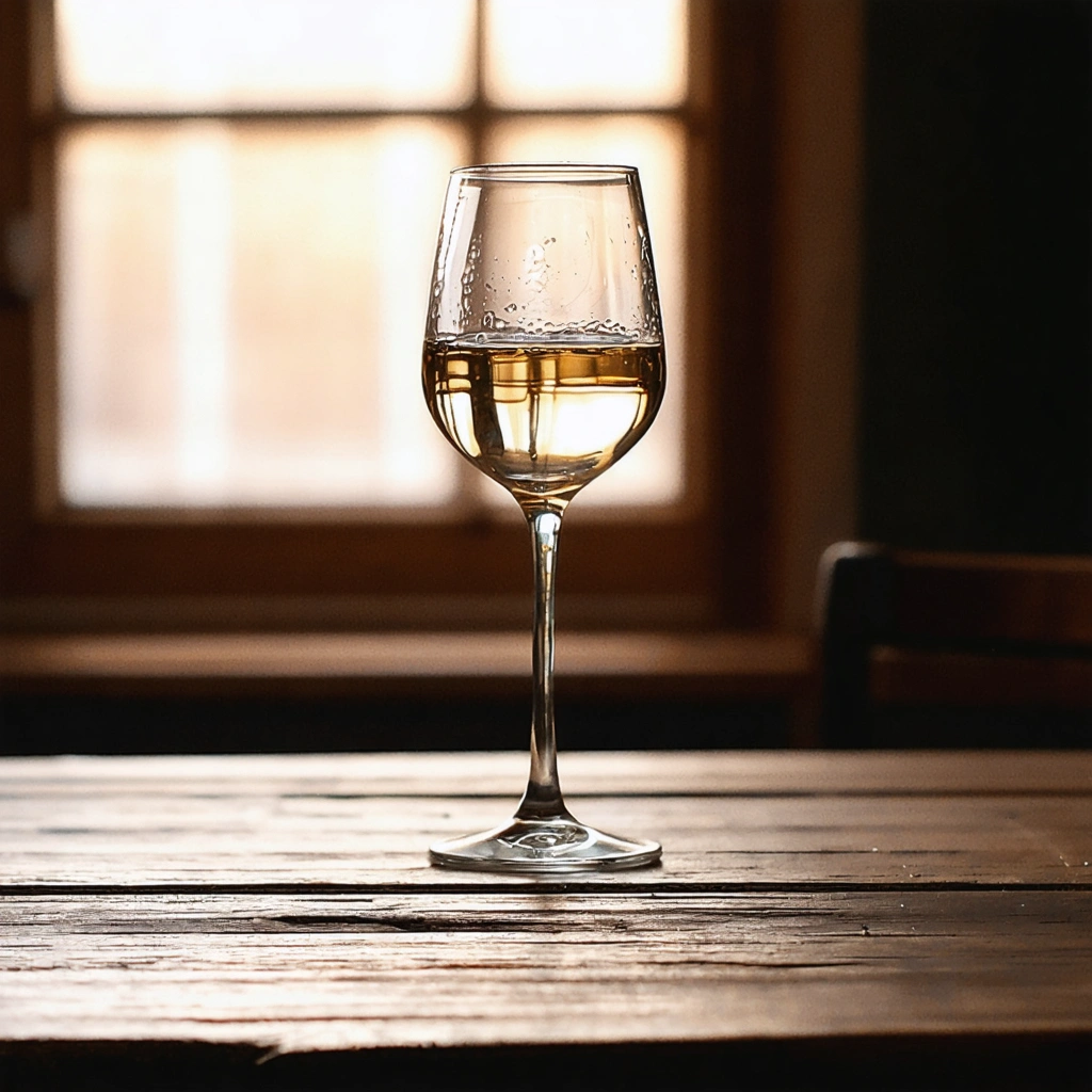 Craft a hyperrealistic photograph capturing a close-up of a wine glass resting on an aged wooden table. The scene is bathed in soft, diffused daylight, introducing a warm light source that enhances the subtle technicolor tones and the soft, natural shadows cast. Focus on the realistic transparency and detailed refractions of the glass, accentuating the slight condensation with enhanced droplet clarity for a touch of freshness. The glass surface boasts subtle reflections and imperfections, adding to the authenticity. Surround this main subject with a shallow depth of field to create a bokeh effect, highlighting the authentic tabletop textures like wood grain, scratches, and minor dust particles, all under a fine film grain that whispers of analog realism. Adjust the color grading to embody the muted elegance of a 35mm film look, ensuring a cinematic composition that speaks volumes of the scene's understated beauty, all in 8k resolution for breathtaking detail.