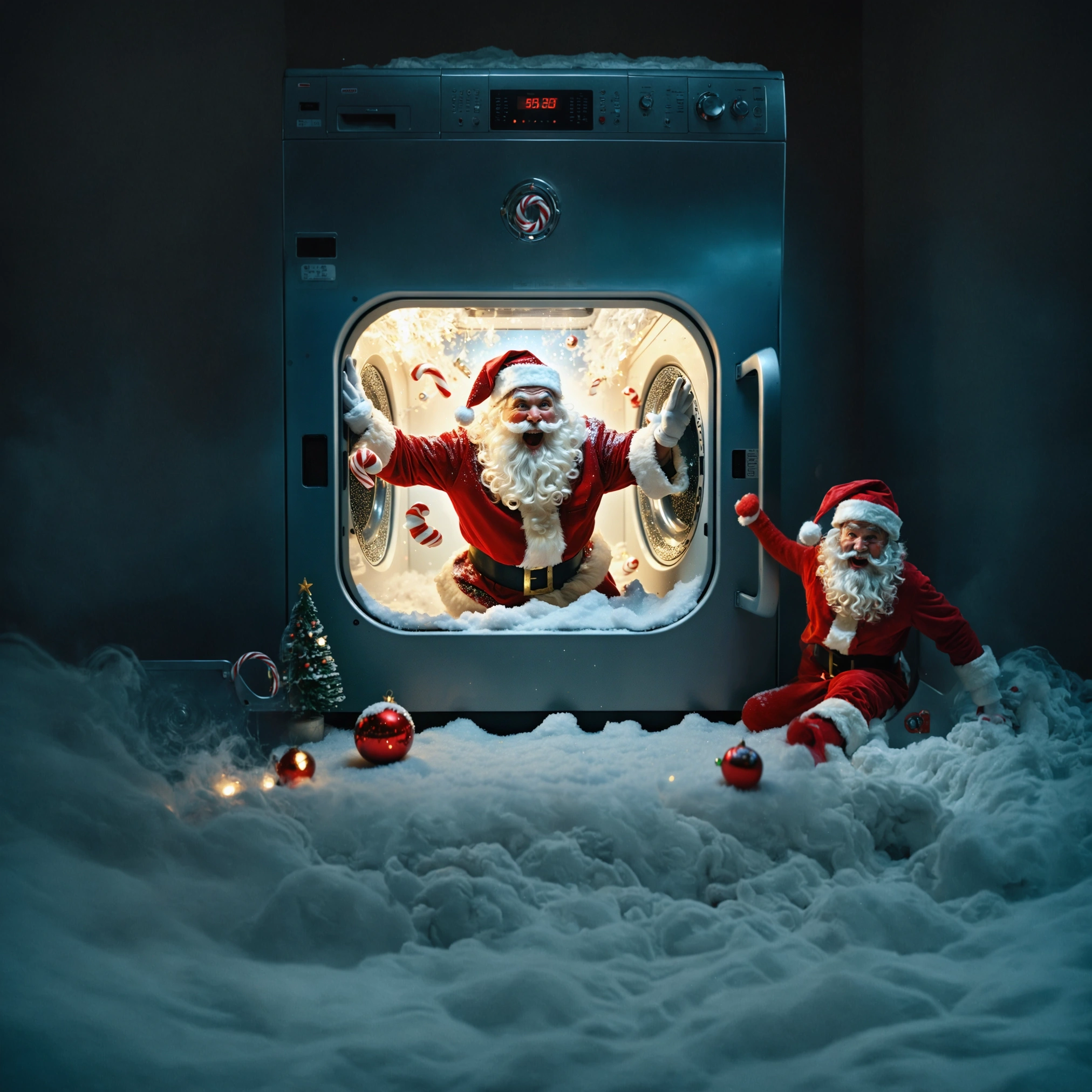 Create a photographic image capturing a surreal Christmas scene inside a cozy, warmly lit home. In this cinematic wide shot, the main subject is Santa Claus humorously spinning inside a transparent, vintage washing machine. His iconic hat and fluffy white beard are comically pressed against the glass, while colorful socks and candy canes swirl around him in a dynamic dance, adding motion blur to convey movement. The scene is bathed in soft, warm lighting that highlights the hyper-realistic textures of the scene, from the vintage washing machine's intricate details to the individual fibers of Santa's suit. Elves are seen in the background, their laughter almost audible, contributing to the overall humorous tone. The composition adheres to the rule of thirds, ensuring a visually balanced image. A shallow depth of field keeps the focus squarely on Santa's expressive face, letting the background blur slightly to enhance the intimate atmosphere. The color palette is vibrant and playful, with a high contrast and saturation boost that makes the scene pop. Special effects like a glitter overlay add a magical touch, emphasizing the festive spirit. The image is envisioned in 8k resolution to capture the rich, detailed textures and the softness of the warm lighting, making the scene appear as if it could be a moment frozen in time from a high-budget holiday film.