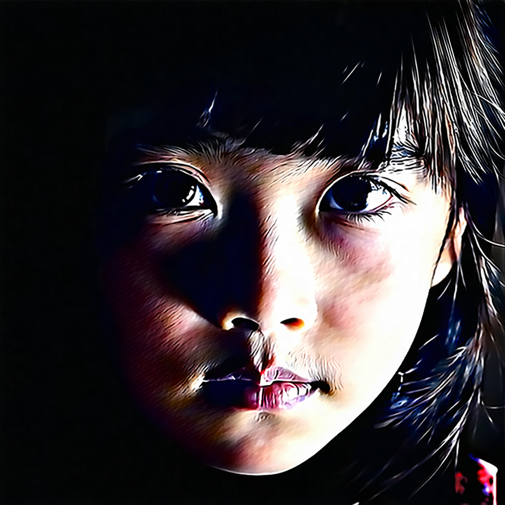 "Picture a highly-stylized, noir-inspired close-up portrait of a young 14-year-old Chinese girl. Her gaze is intent and piercing, creating a bond that feels intense and deeply personal. Striking, high-contrast lighting comes from a single off-camera source, casting dramatic shadows that chisel her features, accentuating her face's unique beauty. Her eyes hold a captivating twinkle, catchlights adding depth and intrigue, surrounded by softly tousled hair that glistens in the stark