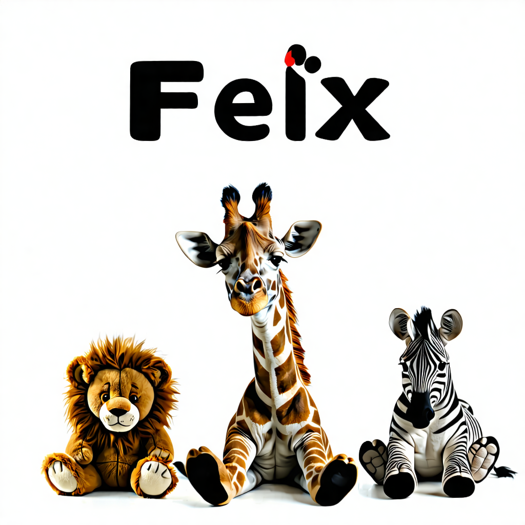 This is an image for a baby picture. Create just the name Felix by interacting with the letters in the baby pictures of a lion, a teddy bear, a giraffe, an elephant, and a zebra.
 