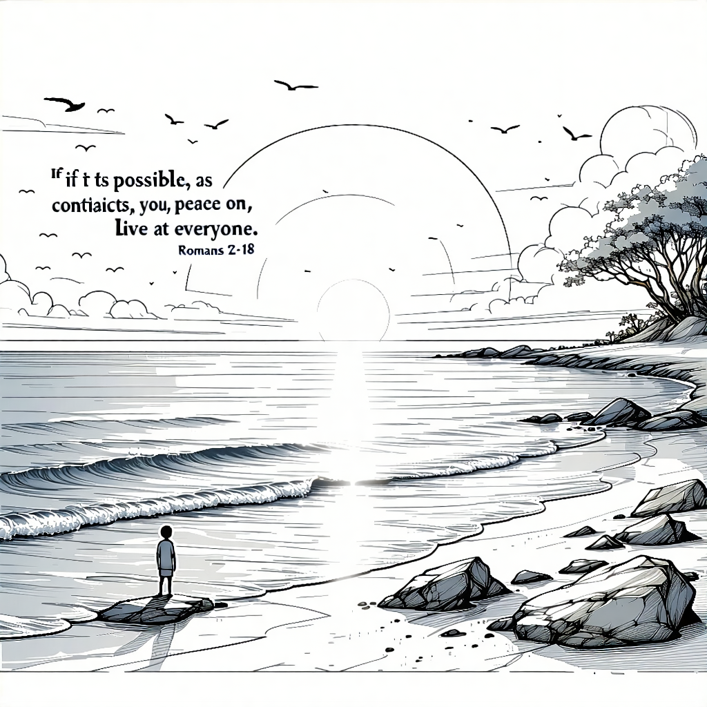 Craft ablack line master for colouring in by children, a tranquil ocean landscape image, a serene expanse of waterand setting sun, embracing the monochromatic  palette. The scene is divided by the rule of thirds, ensuring a balanced composition that draws the eye towards the main subject: bubble print words 'If it is possible, as far as it depends on you, live at peace with everyone. Romans 12:18', centrally crafted into the sky with lettering. Rippling water surface and the foreground rocks, adding depth. A tiny figure stands on the beach, a symbol of scale amidst the vastness, beside them, an olive branch, integrating symbolism. Seagulls dance in the sky, adding natural elements and a sense of movement, as a gentle breeze stirs the trees. The scene is infused with spirituality through a subtle halo effect around the sun, and the composition is kept minimal, focusing on these key elements to convey a message of peace and introspection.