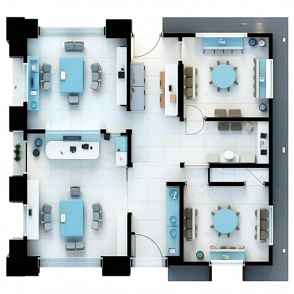 Envision a modern medical clinic's interior, designed with a layout that includes a welcoming Reception Room at the front, a serene Patient Waiting Area to the right, a professional Doctor Chamber (15' x 10') at the back-left, and an equipped Diagnostic Room (15' x 10') at the back-right. The aesthetic is clean, clinical, and professional, with a color palette of white, soft blue, and light gray. The flooring shines with glossy white tiles, complemented by a false ceiling above, dotted with recessed LED lighting to cast a soft, ambient glow. A sleek reception desk, accompanied by two guest chairs and a clinic logo wall, sets a branded tone. The right wall hosts patient waiting chairs, a wall-mounted TV, and a touch of greenery with a small plant. Inside the Doctor Chamber, a modern desk, two visitor chairs, and an examination bed are arranged for functionality and comfort. The Diagnostic Room houses a diagnostic table, an ECG/ultrasound machine desk, and orderly wall cabinets. Each space is well-lit, emphasizing the careful spatial layout. The staircase area or lobby seamlessly connects to the reception room, inviting entry. Enhancements include leading lines to draw attention, variations in textures with glossy and matte finishes, and silhouettes of patients or medical staff to add a human element. The lighting's color temperature harmonizes with the palette, while transparent overlays indicate room divisions. More greenery, functional equipment, reflections on glossy surfaces, and interactive digital screens displaying medical information all contribute to a detailed, realistic, and atmospheric visualization.