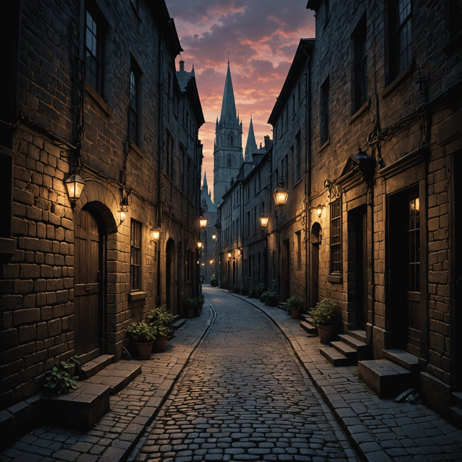 Create a photographic image in a photorealistic style capturing a grim, narrow cobblestone alley that twists deeply between cramped, dilapidated buildings under a fading sunset sky. The architecture, a chaotic blend of gothic spires and warped timber, whispers centuries of dark secrets. Enhance the scene with dramatic, high-contrast lighting, focusing on the eerie glow of flickering lanterns with green and purple flames. Experiment with unconventional angles to capture the intricate textures of cracked, soot-stained stone and the subtle visual hints of magic in the air. Include candid moments of cloaked figures exchanging whispered deals, highlighting the contrast between the deep shadows and the reflective puddles of murky water. Zoom in on the shops displaying forbidden wares, using sharp focus and a deep field to bring out the realistic textures and the chiaroscuro effect, enhancing the atmosphere of decay, magic, and mystery. The composition should be cinematic, capturing the essence of danger, secrecy, and the thrum of forbidden knowledge as the last rays of sun disappear behind the crooked rooftops.
