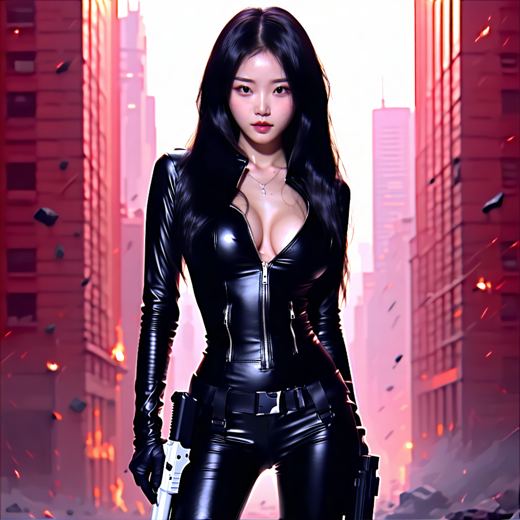 Create a photographic image capturing a beautiful woman with lustrous black hair and an intense gaze. She stands confidently in a sleek, skin-tight leather suit, detailed to emphasize its snug fit and texture, positioned dominantly according to the Rule of Thirds. Her posture radiates confidence and strength, complemented by a holster with a gun as a symbol of power. Employ soft Rembrandt lighting to cast dramatic shadows that sculpt her features, with a high-contrast black and white color grading to sharpen the image. In the background, an explosion mid-cityscape, rendered with realistic detail and a shallow depth of field to keep the focus on her. Introduce a subtle lens flare to add magic and intensity, ensuring it enhances rather than detracts. Aim for an 8k resolution for crisp detail throughout, from the leather texture to the city's architecture, in a professional, cinematic composition.