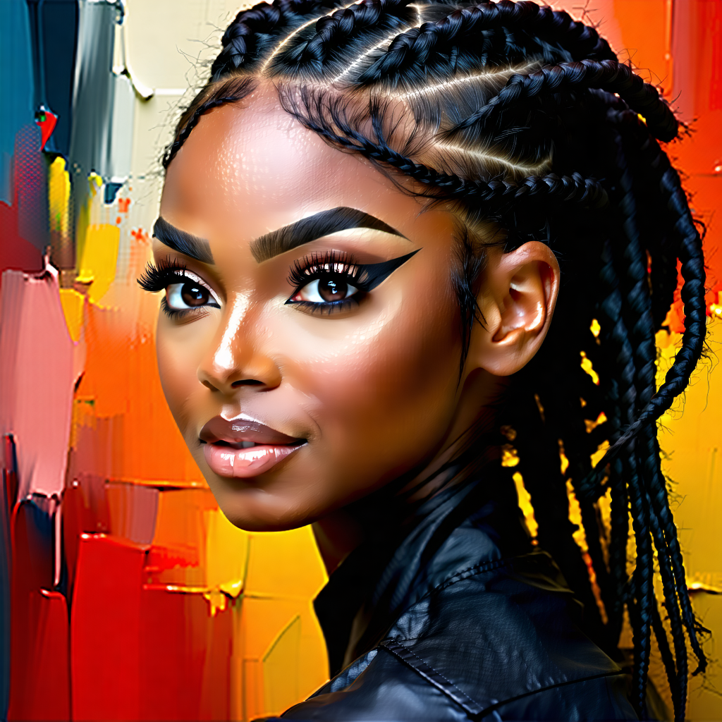 Craft a poster featuring a stunning black girl with dreadlocks receiving a glamorous retouch. The scene captures her in a confident pose, her gaze piercing the viewer with intense eye contact, as if to unveil her renewed spirit. Her skin glows naturally, complemented by dramatic eye makeup that accentuates her beauty. The dreadlocks are meticulously highlighted, each strand refined to showcase their intricate texture, with all flyaways smoothed out for a pristine look. Facial imperfections are subtly softened, preserving her authentic allure. Surround her with a vibrant abstract background, employing rich jewel tones that echo her inner radiance. Side lighting casts dramatic shadows, adding depth and emphasizing her features. Overlay the scene with readable, impactful typography on the side, harmonizing with the poster's bold and professional style.