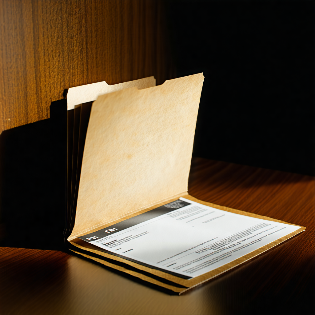 Envision a compelling flyer centered around an open FBI manilla folder, its contents slightly sprawling out to reveal a few files beneath the top one. Illuminate this scene with a subtle spotlight, ensuring the top file remains the focal point by keeping it in sharp focus against a softly blurred background of the other files, hinting at layers of intrigue. Let the folder rest slightly off-center in the frame, creating an engaging, dynamic composition. Embrace a monochromatic color scheme, with rich shades of brown to evoke a vintage atmosphere, enhancing the tactile texture of the manilla folder to make it feel palpably real. Within this meticulously arranged scene, include a partially visible, handwritten note peeking out from one of the files, adding a narrative element that beckons the viewer to lean in closer.