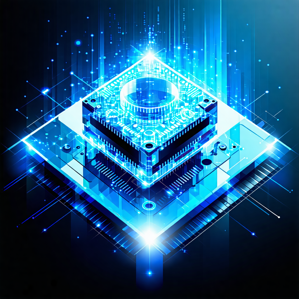 "Design a striking image for a digital brochure, where the world of technology and informatics comes alive against a deep azure gradient backdrop. This image should scream innovation with its clean, contemporary arrangement, showcasing a holographic product display at its heart that shines with bioluminescent effects. Incorporate binary code patterns in a discreet manner throughout the artwork, adding a touch of intrigue and sophistication. The ultra-modern polygonal layout should allude to cutting-edge technology, accented by levitating tech symbols