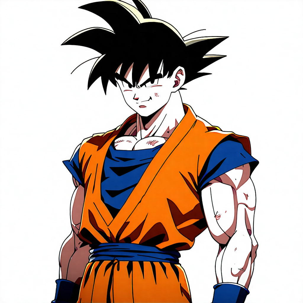 "Craft an image of Goku from Dragon Ball, donned in a stylish, finely-detailed vest over his signature orange jumpsuit."