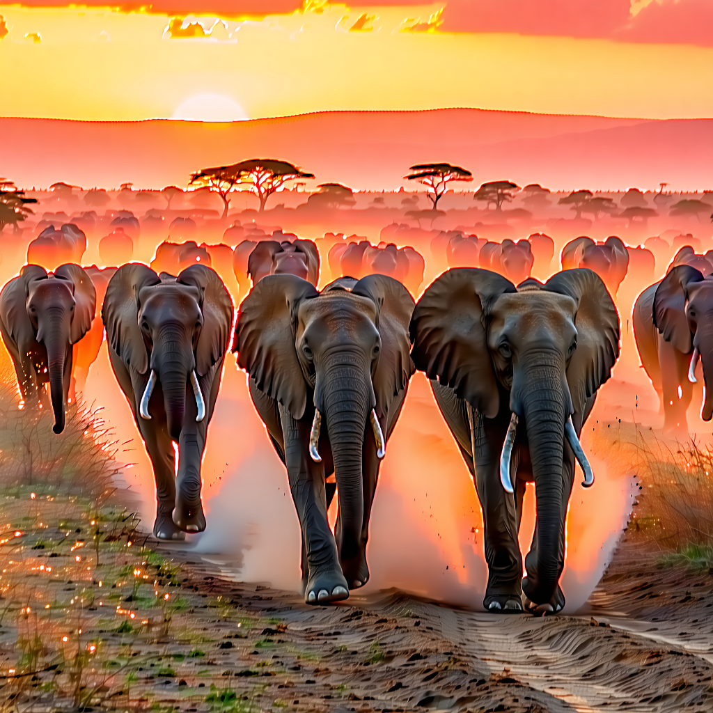 Create a breathtaking, photographic image capturing a herd of 30 elephants, each with intricately detailed skin textures and deeply expressive eyes, gracefully traversing the African Savannah. The scene unfolds at dawn, under a vibrant sunrise painting the sky in brilliant shades of orange and pink. This cinematic composition should be shot from a dynamic, low-angle perspective to emphasize the grandeur of the elephants against the backdrop of tall grasses and silhouetted acacia trees. The image must radiate warmth and saturation, highlighting the fluid motion of the elephants and the rich textures of the savannah landscape. Utilize a shallow depth of field to focus on the elephants, enhancing the atmospheric effects with a subtle mist or haze that catches the side lighting, creating a soft glow around the subjects. The rule of thirds should guide the composition, ensuring a balanced, visually arresting image that feels alive and full of motion.