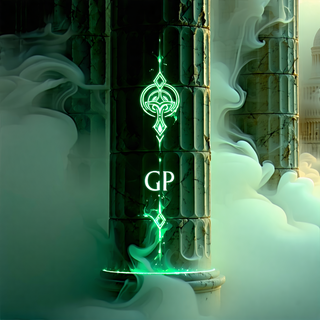 "Design a digital image portraying the enchanting charm of a symbolic tattoo on the inner side of the left leg. The scene is set against a backdrop of an ancient Greek pillar, half-hidden yet detectable within a swirling mist. A gentle green light appears from the fog, highlighting the initials 'GP' as if magically imprinted within the mist. The Greek pillar, marked by time, echoes the shape of the leg, with its crevices glowing in green, mysteriously showcasing the initials '