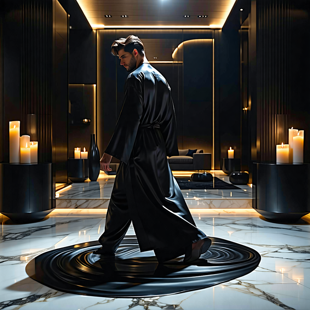 Envision a high-end cinematic Instagram ad that weaves a narrative of seduction and mystery around the luxury of black toilet paper. The setting is a sleek, modern penthouse at night, where the ambiance is defined by soft candlelight creating deep shadows and pronounced highlights, enhancing the mood of elegance and avant-garde style. A sophisticated male model in a black silk robe moves across the marble floor with confidence and style, each step a testament to luxury. The camera follows in slow motion, focusing on the grace with which the black toilet paper unrolls, capturing macro close-ups that highlight its exquisite texture and the beauty of its color against the minimalist backdrop. Subtle electronic beats and whispered voices form a sensual soundtrack, adding layers to the tantalizing atmosphere. Smoke and fog swirl in the background, adding depth and intrigue. The ad concludes with the tagline 'Why Not?' elegantly appearing at the bottom of the screen in a serif font, embodying the allure of choosing an unconventional luxury. The composition adheres to the rule of thirds, ensuring a visually engaging and balanced presentation.