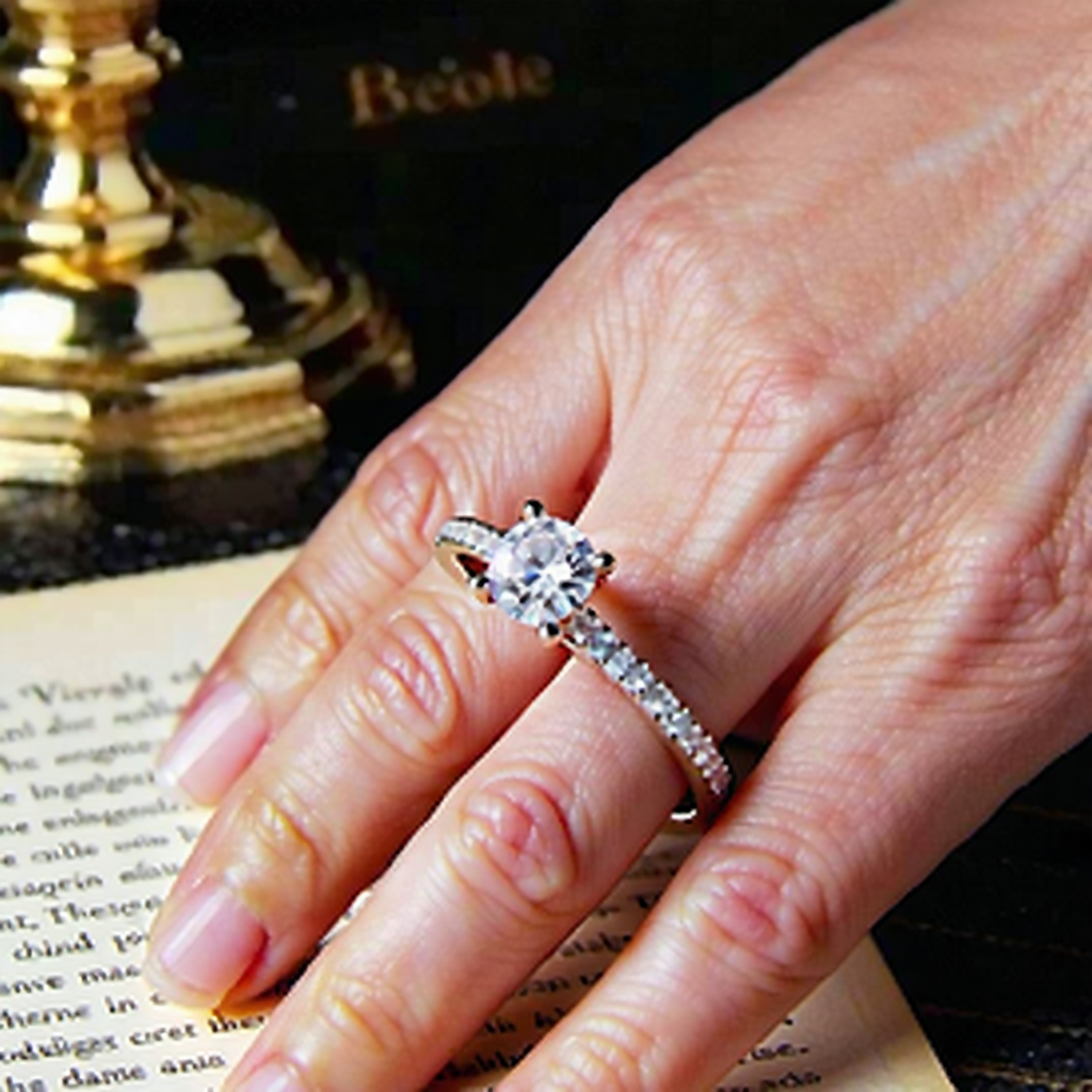 "Create a vintage-themed Instagram ad illustrating the sentimental voyage of an engagement ring, from its velvet-box unveiling under the golden gleam of a desk lamp, to its final moment of gentle placement on a lady's hand. Kick off with a close-up view of the ring that underscores its complex jewel patterns and the metal's gentle shimmer. Use smooth, understated panning shots to transition between elements, deepening the nostalgic atmosphere with a faint sepia tone. The sequence should then shift to intertwined hands