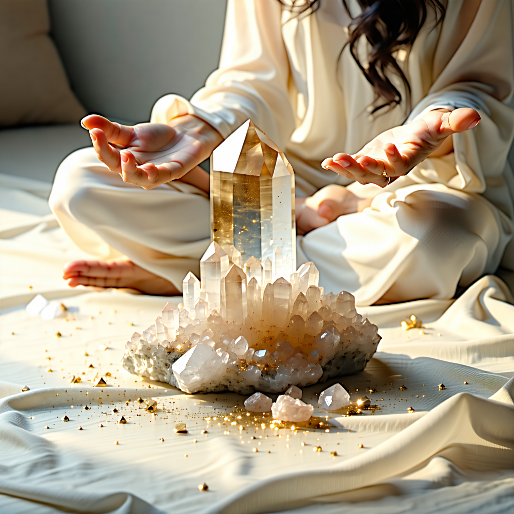4. macro shot of a quartz cristal on cream linen, golden sparkles reflecting in soft warm light, shallow depth of field, minimalist editorial style, 50mm lens --ar 3:4 --v 6 --style raw --q 2 --uplight
5. Ritual personal
woman in flowing beige dress sitting cross-legged, hands to heart, eyes closed, surrounded by subtle golden aura, minimalist clean space, soft warm diffused light, 50mm lens --ar 3:4 --v 6 --style raw --q 2 --uplight