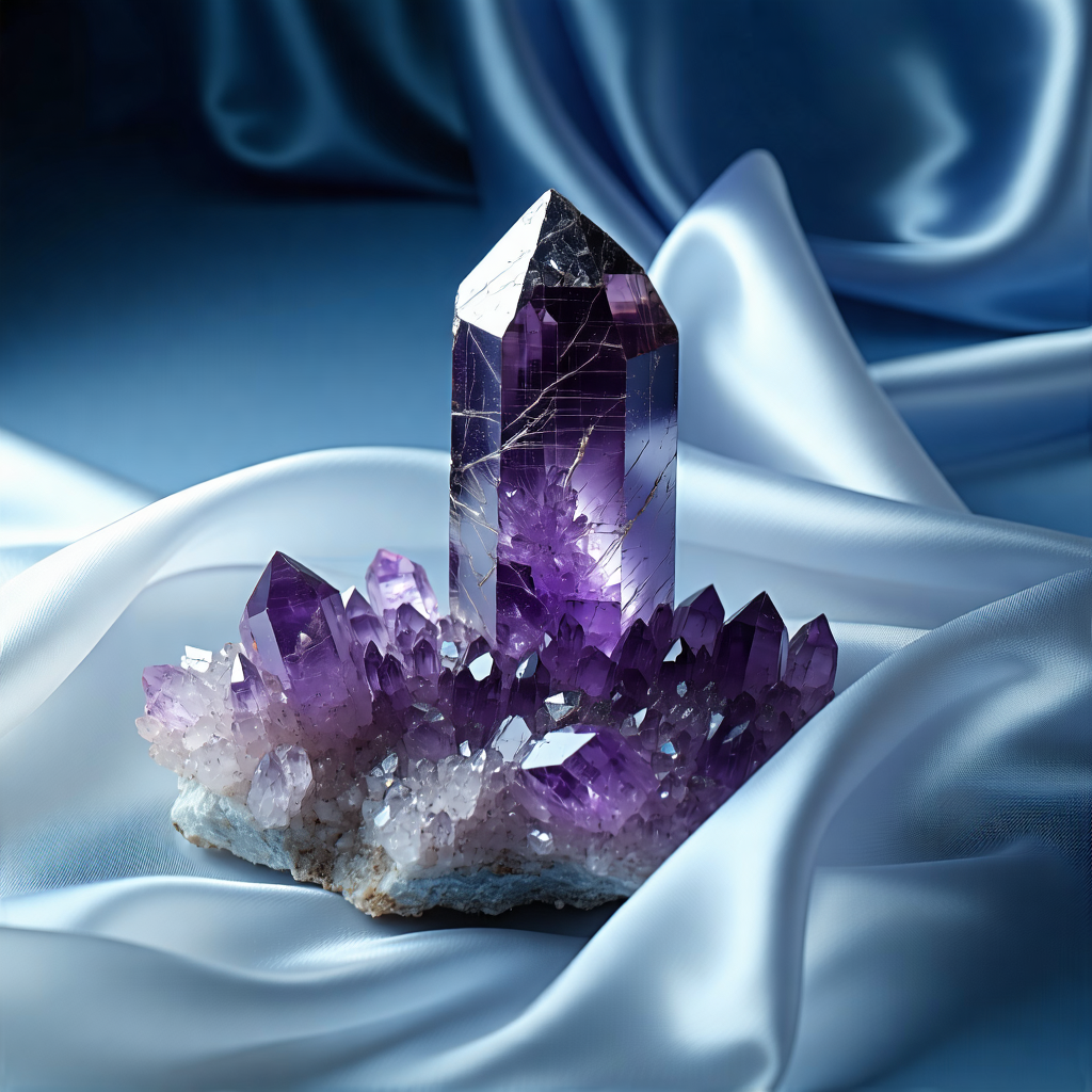 "4. Close-up image of an amethyst crystal on white silk, reflecting silver sparkles under cool blue-tinged light, deep depth of field, high fashion editorial style, 50mm lens --ar 3:4 --v 6 --style raw --q 2 --downlight
5. Serene woman in a flowing white robe perched cross-legged, hands clasped in meditation, eyes shut, enveloped by a soft silver glow, minimalist monochromatic setting,
