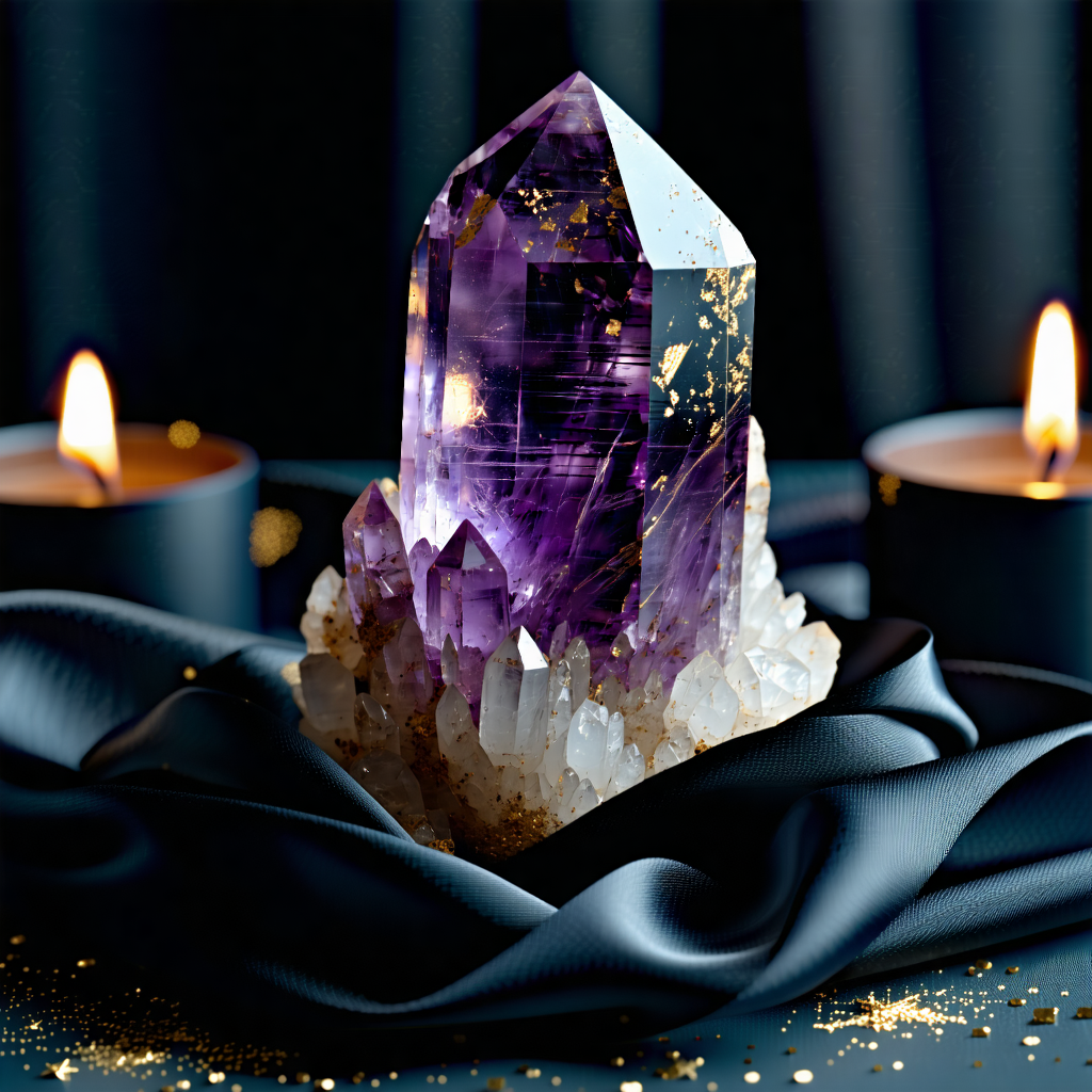 "4. Macro shot of a vibrant amethyst crystal nestled in black satin, emitting gold sparks under the warm glow of candlelight, shallow depth of field, gritty grunge style, 50mm lens --ar 3:4 --v 6 --style raw --q 2 --backlight
5. Powerful woman dressed in a billowing black cloak sat in a warrior's pose, fists clenched in determination, eyes wide, surrounded by a harsh metallic sheen in a stark,