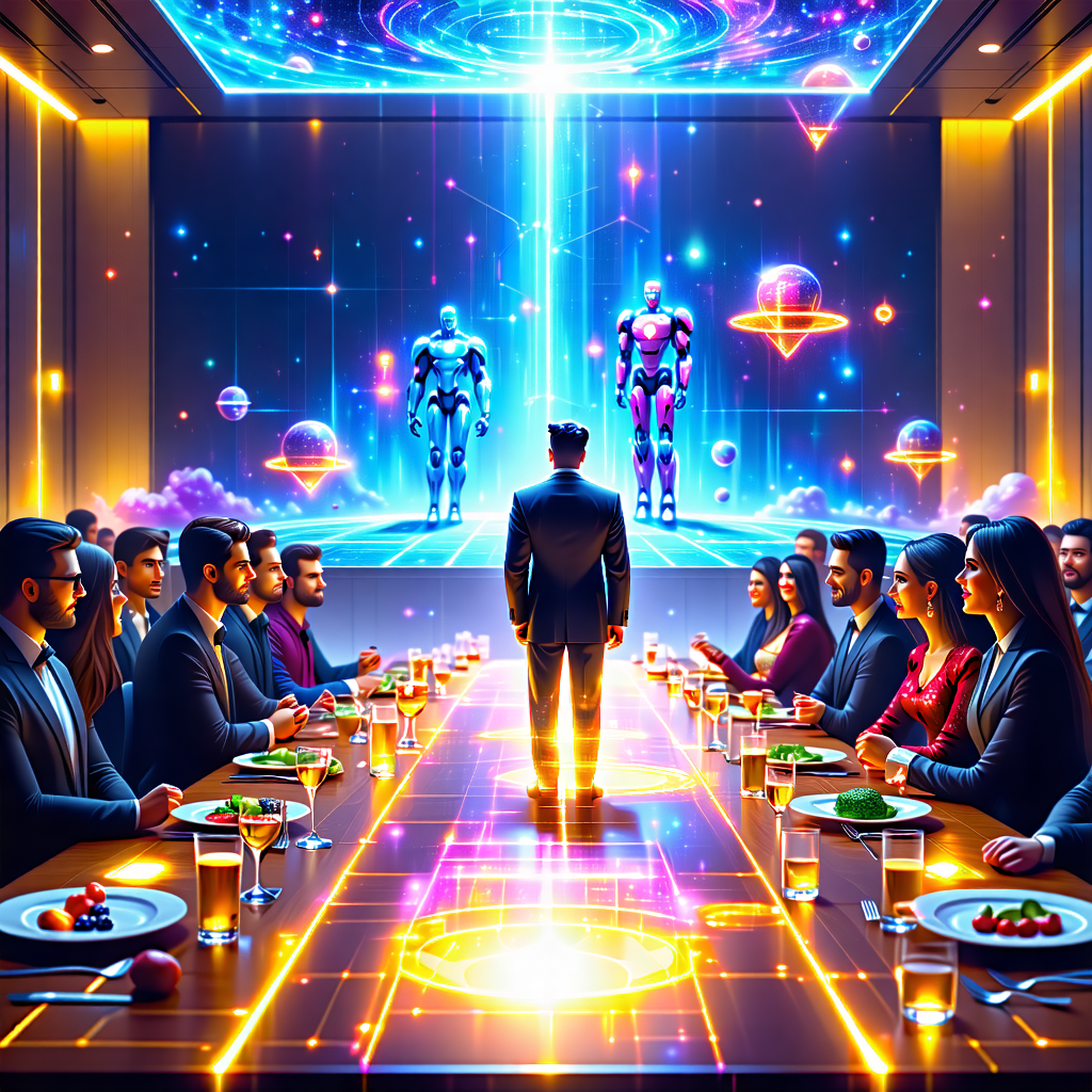 Conference Hall
(Event Planner Boss enters, stylish suit, AR hologram screen opens behind him showing wedding services.)
VFX Prompt:
"Futuristic office meeting room with warm golden lighting, holographic 3D wedding stage projection in mid-air, floating digital menus showing catering, decorations, music, AI robots serving tea, ultra-realistic 8K."
Chandra:
"Ok ok… calm down everyone. Mana aim one and only goal – pelli blockbuster hit cheyyadam! Venues, catering, decoration… even AI robots handle cheyyachu."
Radha:
"Robots? Arey nenu tho dance cheyadam kuda cheyagalaru aa?"
Chandra: (smirks)
"Cheyagalaru kaadu madam… moonwalk kuda cheyistaru."